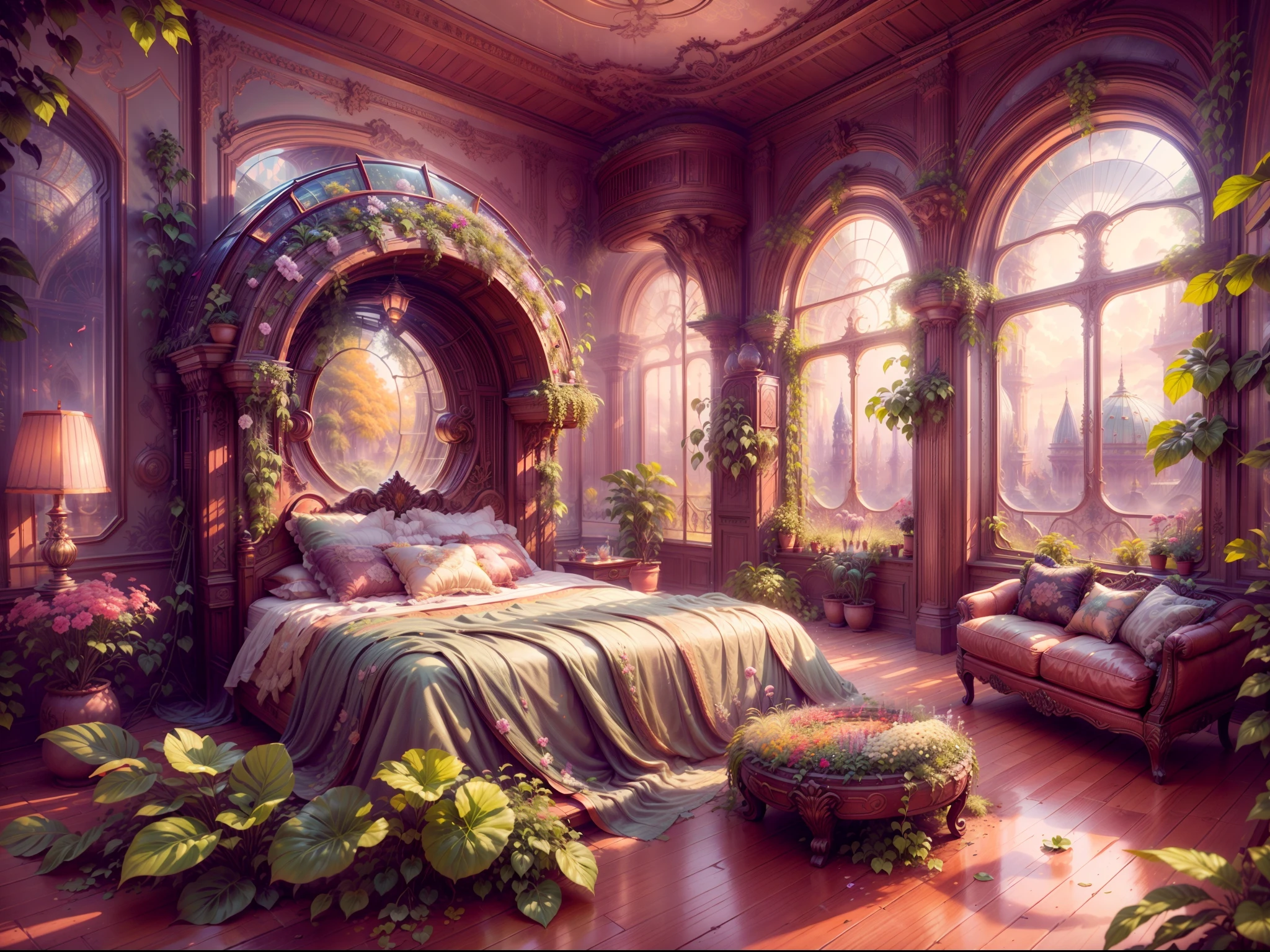 Solarpunk Dreamscape: The Royal Botanical Sanctuary | Generate an ornate botanical bedroom in the style of Versailles in a solarpunk world. There is a giant historical window in the bedroom. The giant French historical window is adorned with intricate carvings and dominates one wall. Through the massive window, a colorful and intricate solarpunk cityscape is visible. The cityscape is bustling and interesting, with many small details and high visual interest. The bedroom is peaceful, with many elegant flowers and flowered ivy among the rich silk fabric and hardwood floor. Take inspiration from rooftop gardens, royal french gardens, beautiful rose gardens, and whimsical fantasy. Include beautiful fantasy details and touches, including fantasy water, books, 3D touches, and delicate tendrils of ivy. Camera: Utilize innovative lighting techniques to emphasize the realism and beauty of the image. Delicate flower petals from floating flowers dance through the air. Utilize dynamic composition to create a compelling image.