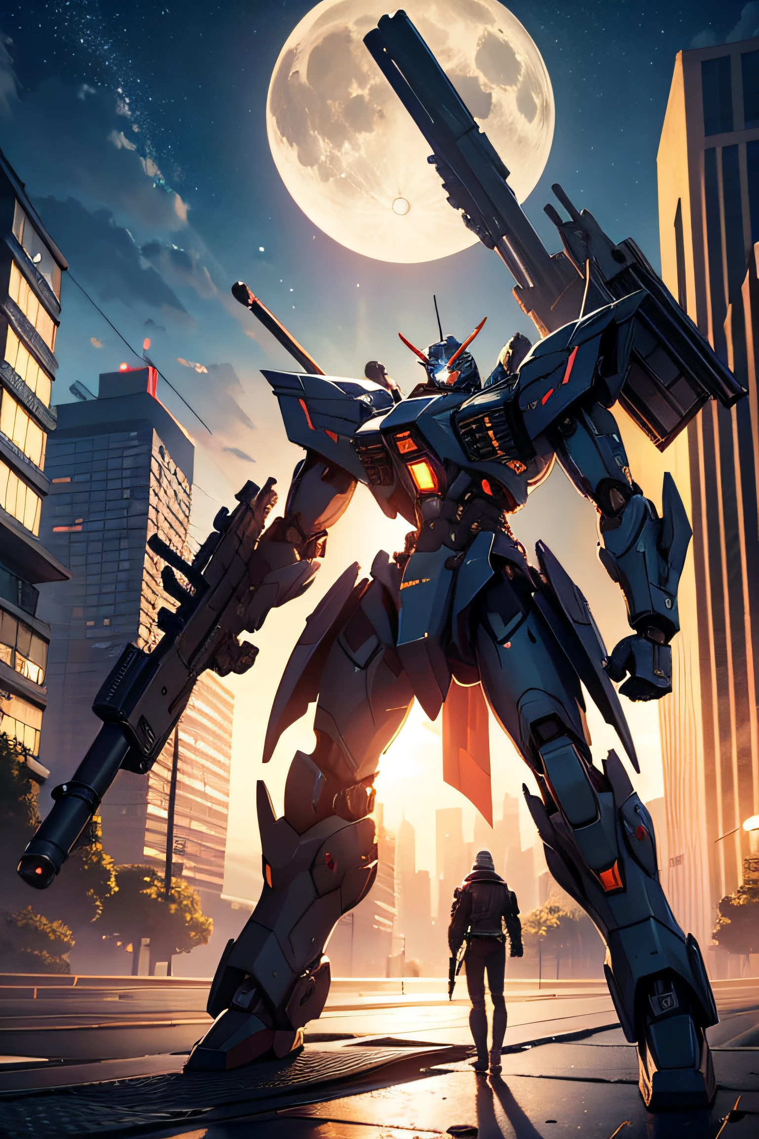 PHOTOREALISTIC, masterpiece, best quality, highres, mecha wielding a cannon, looking at viewer, action pose, ruined city on the back, night sky with visible moon