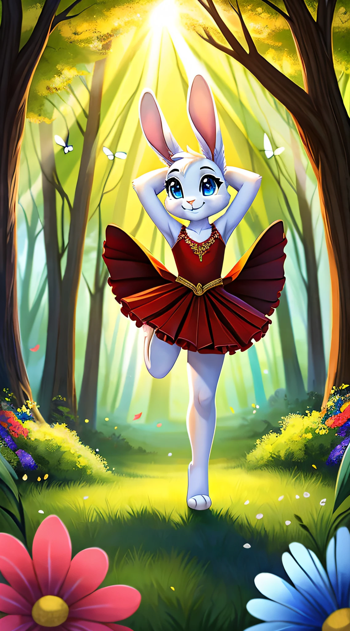 zoomed out image, fantasy style art, cute, adorable, short character, small, tiny little fluffy female white bunny with blue eyes, 4 ears, 2 extra ears, big floppy ears, long ears, ears perked up, raised ears, long eyelashes, poofy rabbit tail, wearing a red frilly ribbon dress, smiling, doing ballet, twirling, spinning on one foot in a forest, shut eyes, happy face, stunning visuals, sunlight coming through the trees, butterflies, flowers scattered in the bushes, digital illustration