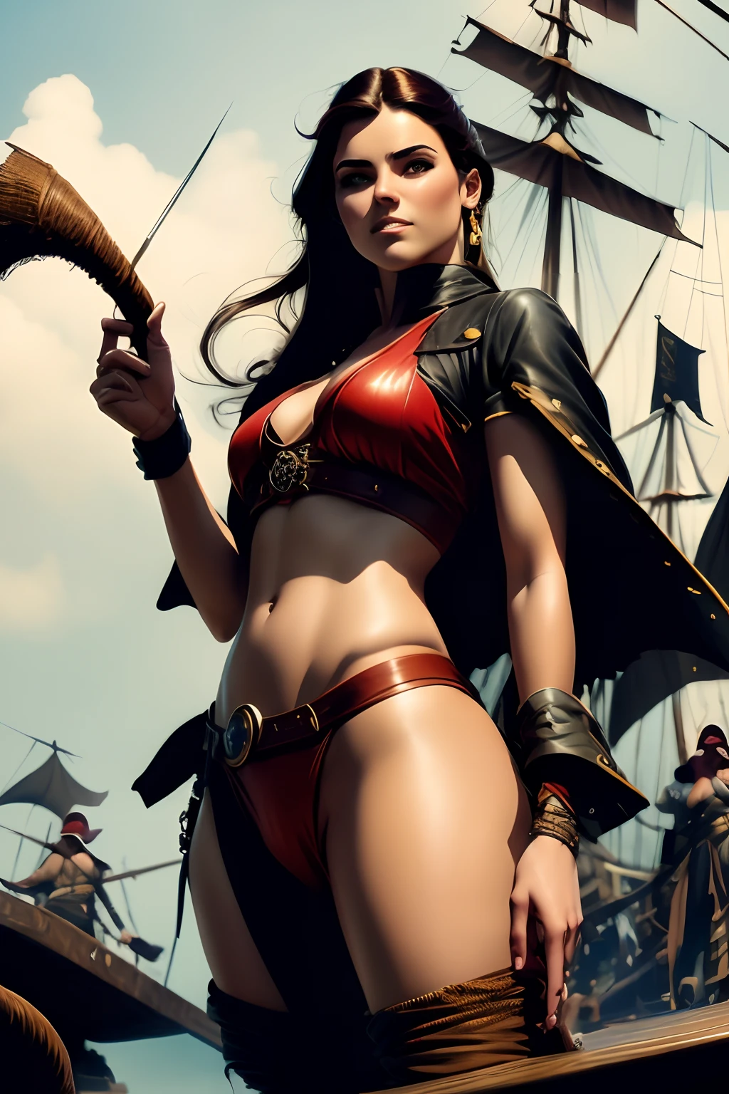 (SFW)Um desenho de uma mulher pirata, corpo inteiro, corpo delgado, Cabelos Longos, louros, muito bonita, audacious temperament and appearance, segurando uma adaga pingando sangue, on the deck of a pirate ship, Frank Frazetta, Illustration of Valerie of the Red Brotherhood, frank frazetta manga style, Valeria , a Pirata, Boris Vallejo, Valeria, Frank Frazetta, Frazetta e Vallejo, The Art of Valerie, a pirata da irmandade vermelha, inspirado em Boris Vallejo