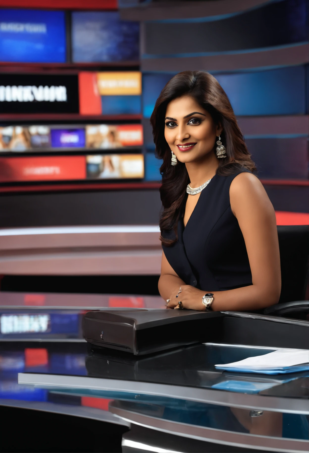 Indian women news anchor with news studio