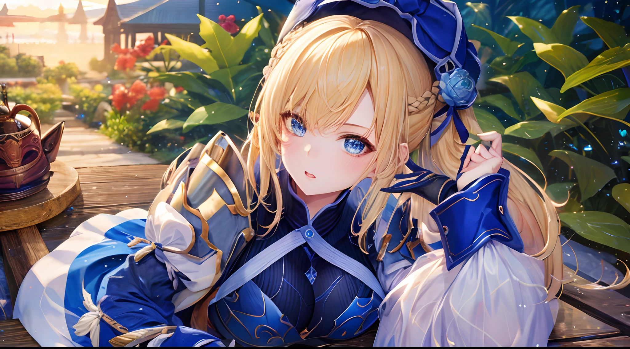 Lange blaue glatte haare, big boobs, Lovely face, 4k quallity, Anime, armour