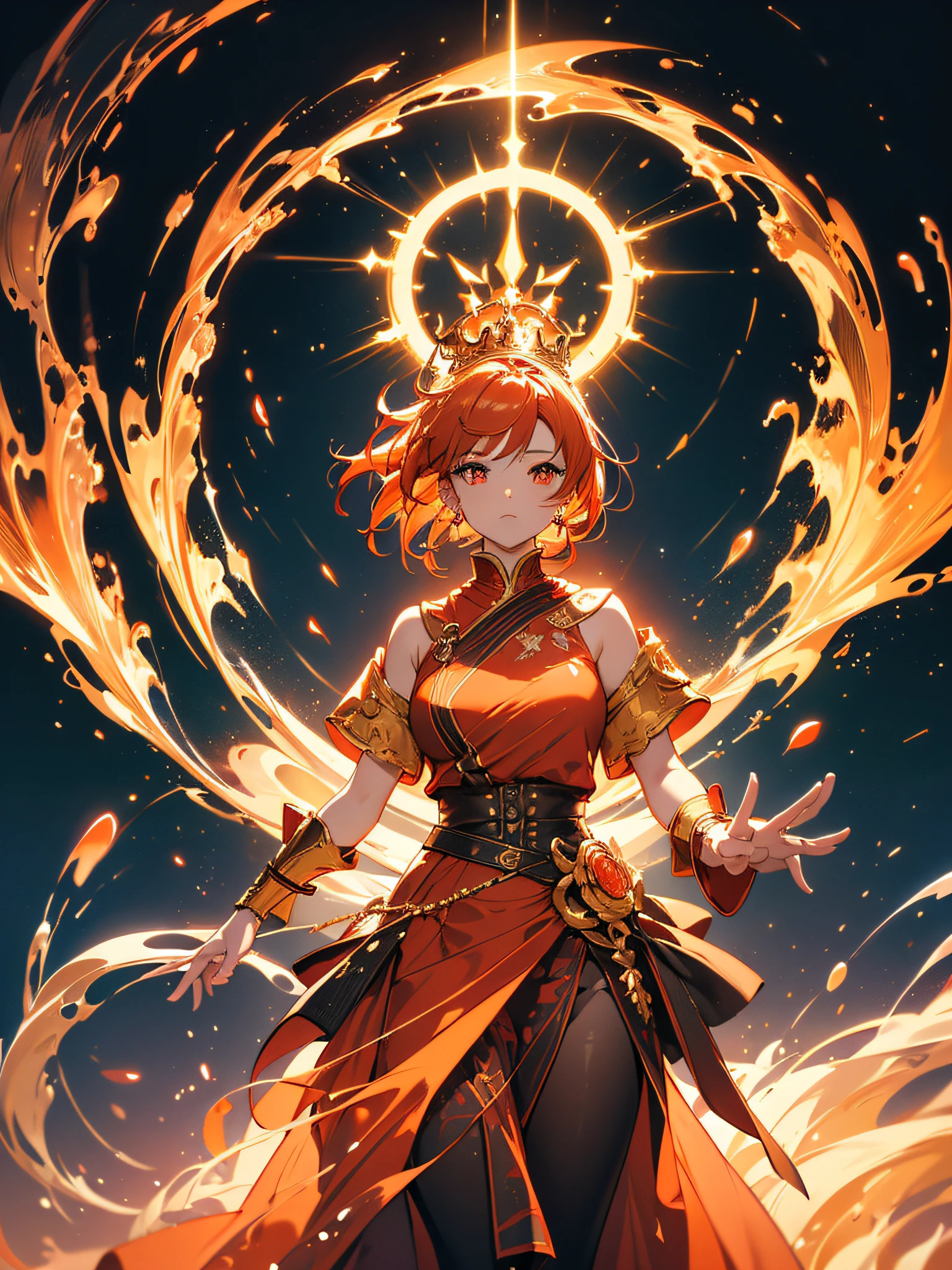 Anime girl in a golden dress，fiery flames, Anime goddess, cute  face，Flame Spell Alchemist Girl, palaces，2. 5 D CGI anime fantasy artwork, Epic light novel art cover, Key Art Women，