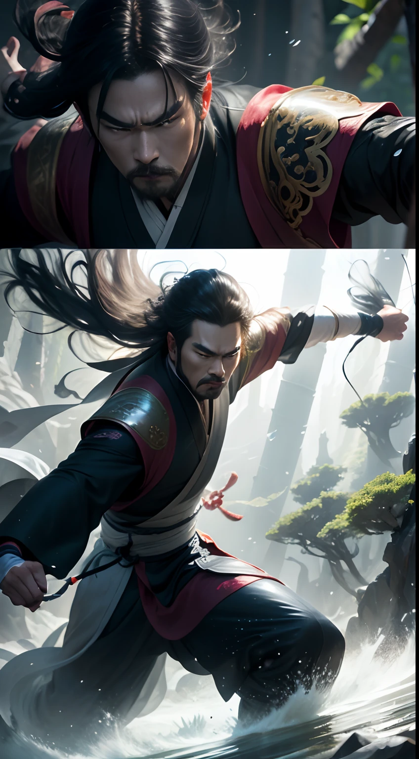 (illustration)comic page,There are multiple panels on the page:Chinese edition of comic books,《Feng Shen List》,《Make a big fuss about the Heavenly Palace》 ,author:Liu Jibiao。Dance with the sword,Flowing black hair,Hanfu,Magic Array,Light effect particles,Dynamic tracking,Punch your fist, Vivid colors。Depth of field 2.0,naturalshadow。【Continuous shooting】::Battle of the Bamboo Forest,illusory engine,Thrilling moments --niji 5 --q 2 ---16K