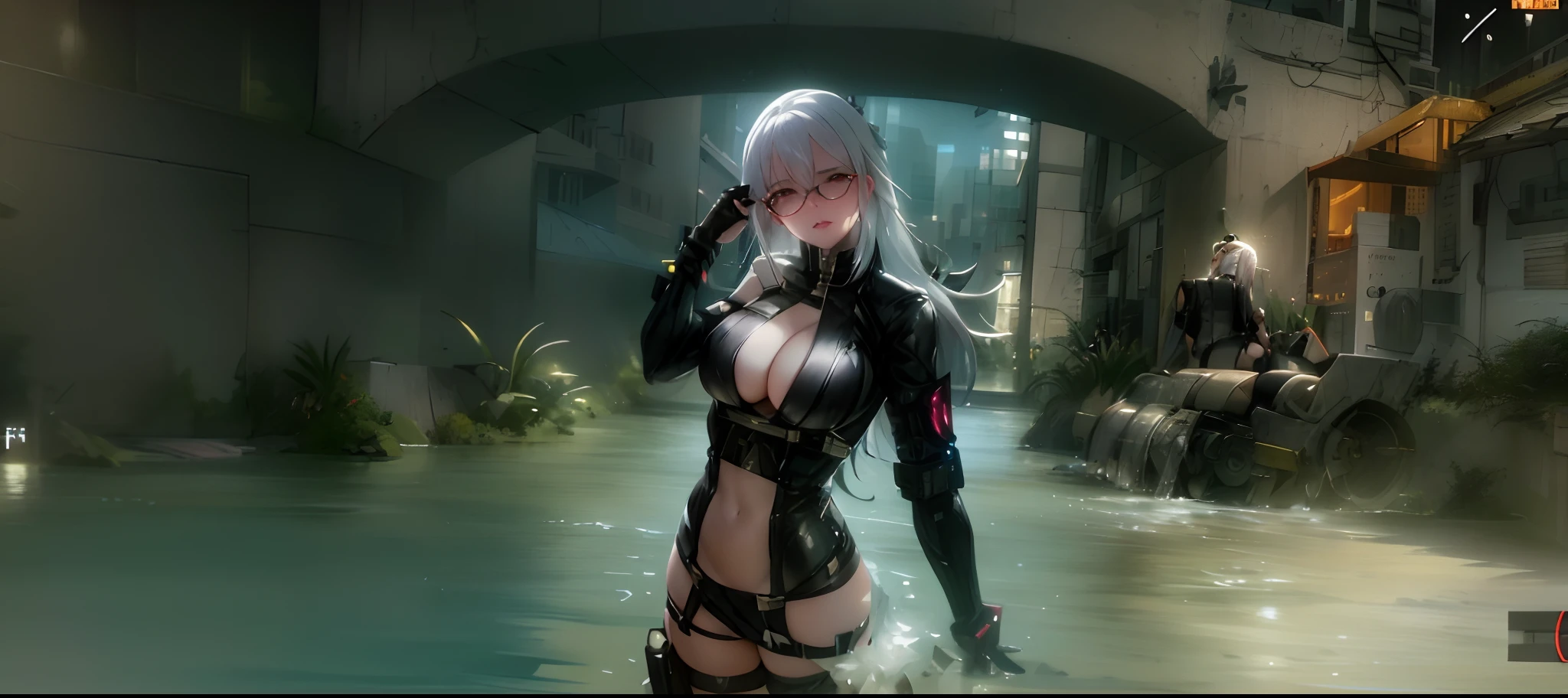 there is a woman with white hair and glasses standing in a river, tifa lockhart with white hair, cyberpunk outfit, badass pose, thancred waters in style of wlop, in game, cyberpunk style outfit, m4 sopmod ii girls frontline, ingame image, perfect white haired girl, anya from spy x family, diesel punk female, fashion gameplay screenshot
