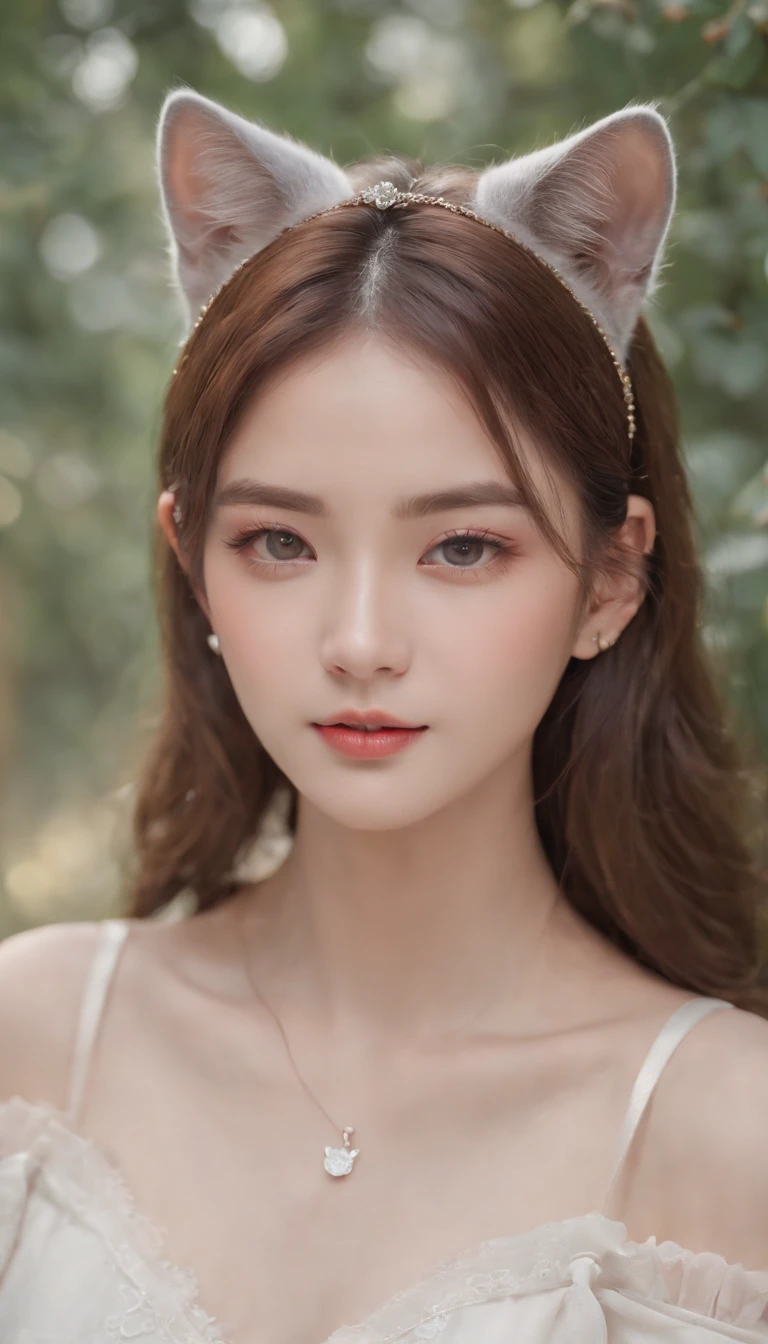Best quality,4K,8K,A high resolution,Masterpiece:1.2,Ultra-detailed,Realistic:1.37,Cute,Girly,Portrait style,Long hair,Cat ears，Sparkling eyes,piercing eyes,Cat-like eyes,Beautiful face,rosycheeks,Soft and flawless skin,young look,pouty lips,Cat ears,Delicate anchor necklace,dressed stylishly,Shoulder-length hair,Similar to Korean fashion,Trendy,Glowing lights,Pastel colors,Subtle shadows,fairytale atmosphere,Ethereal background, dreamlike scenes，RAW photo