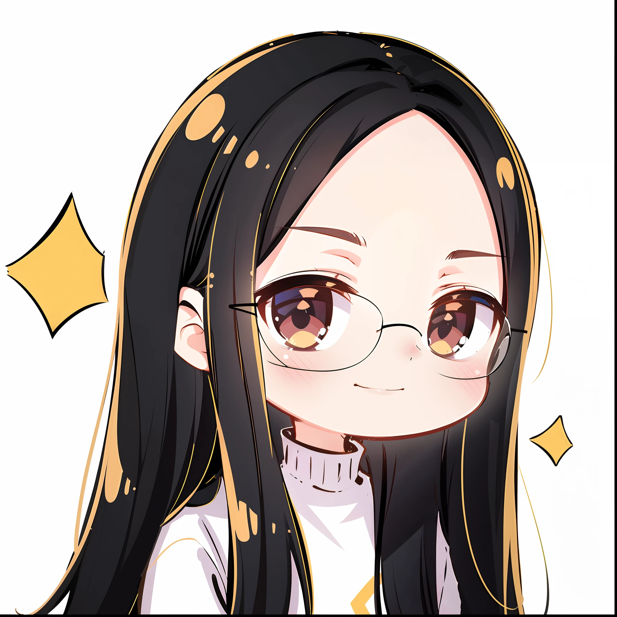 超A high resolution, Best-aesthetic, white  clothes, black-frame glasses，long whitr hair，middle parted hairstyle, Flat avatar, Anime visuals of cute girls, lovely art style,Drawing on paper, Simple background, Large oval eyes，Medium long hair，Square frame glasses，Medium girl，Long black hair and straight hairstyle，cheerful big breasts，Toothy smile，Show forehead，Show forehead，Show forehead，