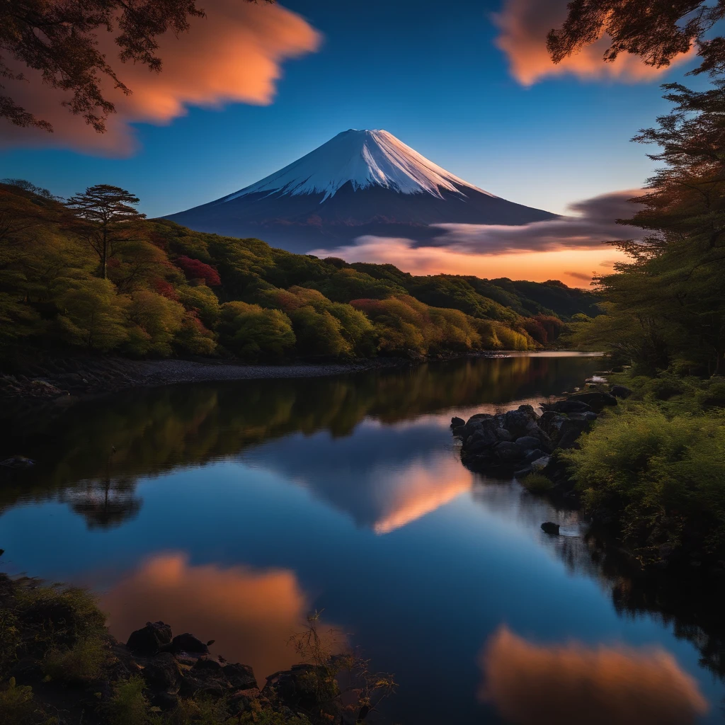 Master Parts、Superior Quality、superior image quality、The 8k quality、Beautiful pictures of the starry sky、magnifica、(Mt fuji:1.25)、dramatic cloud:1.5、Evening glow:1.9、Lenticular clouds:1.9