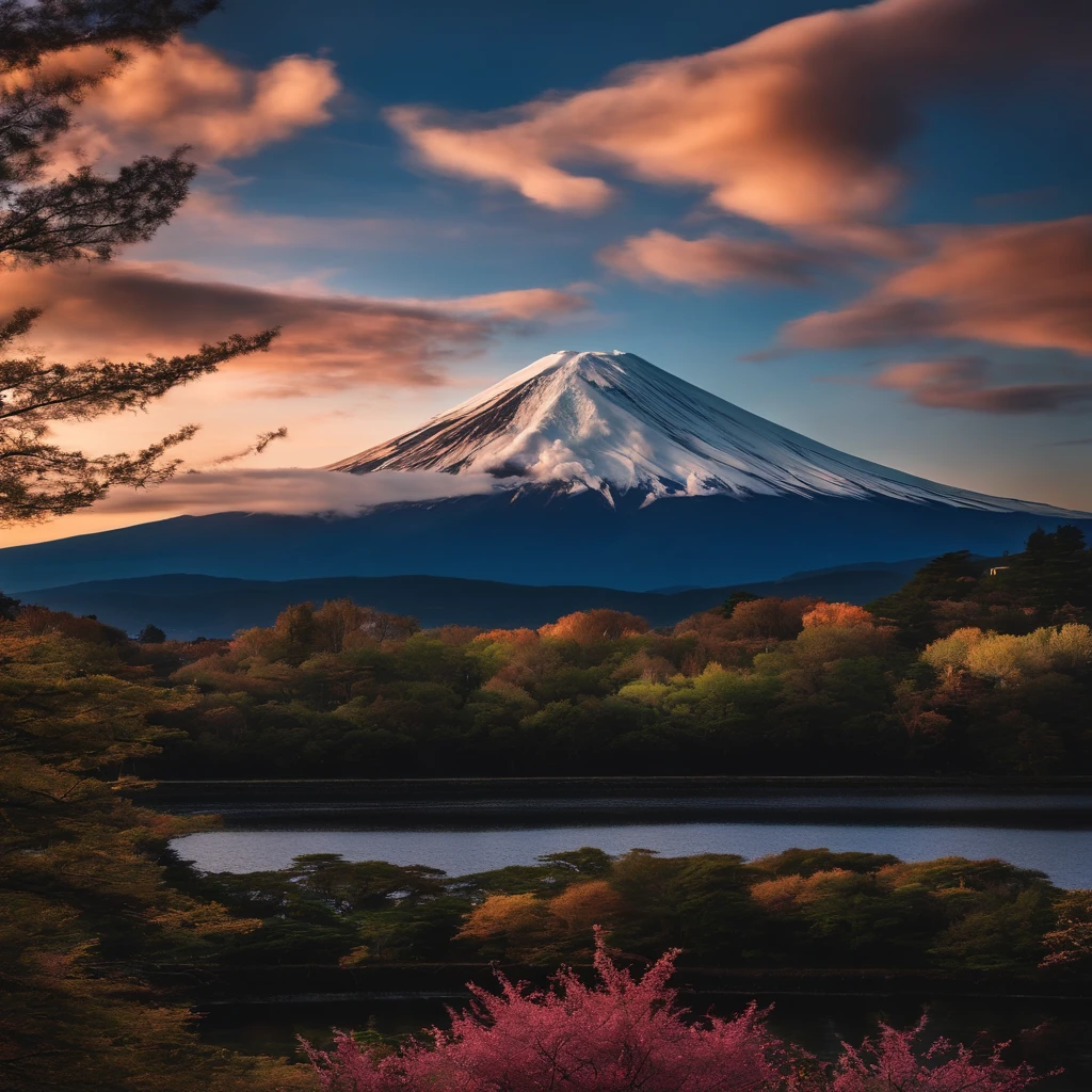 Master Parts、Superior Quality、superior image quality、The 8k quality、Beautiful pictures of the starry sky、magnifica、(Mt fuji:1.25)、dramatic cloud:1.5、Evening glow:1.9、Lenticular clouds:1.9