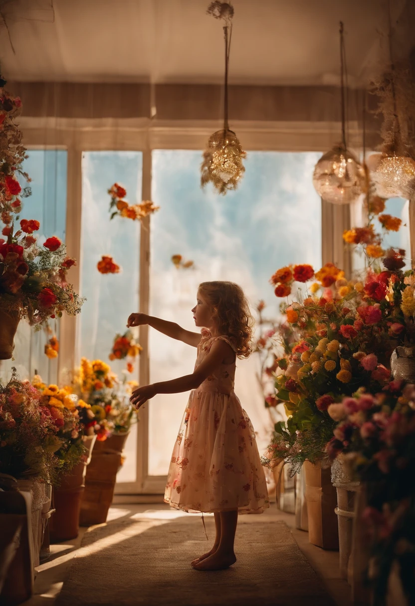 In the flower shop，A little girl in a dress，The film is still there，Floating in the sky，brightly，cheerfulness，intriguing，gentlesoftlighting