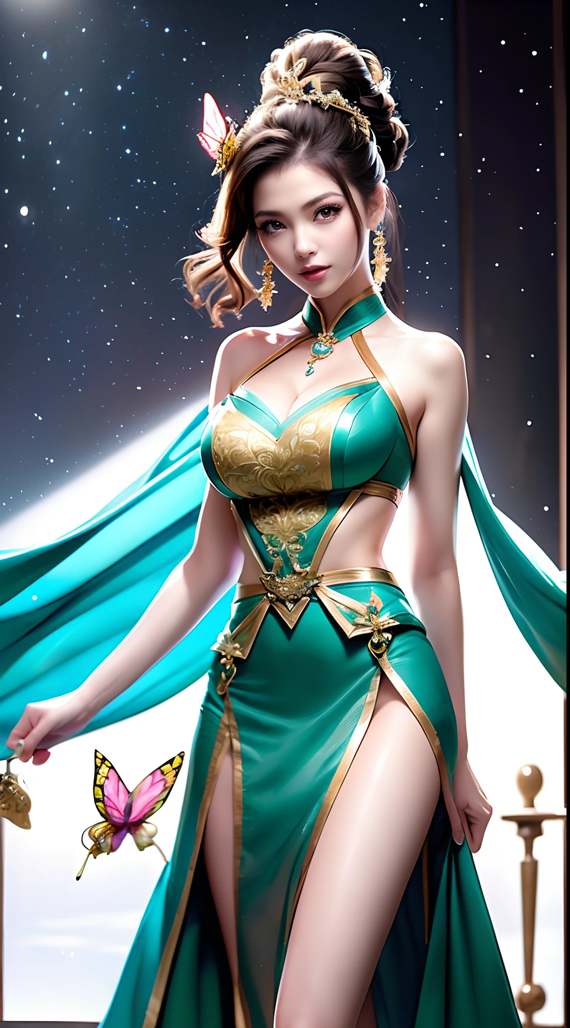 (1girl, pov,best quality),(( looking at viewer,  facing viewer )), high collar,1girl,(butterfly_hair_ornament:1.1), butterfly_wings,   solo,(green dress:1.2),(aqua skirt:1.2), long_hair,jewelry, wide_sleeves, hair_ornament))) (see-through sarong:1.4), (east asian architecture:1.2), (big eyes:1.2),(skinny eyebrows:1.2),(brown eyes:1.2),