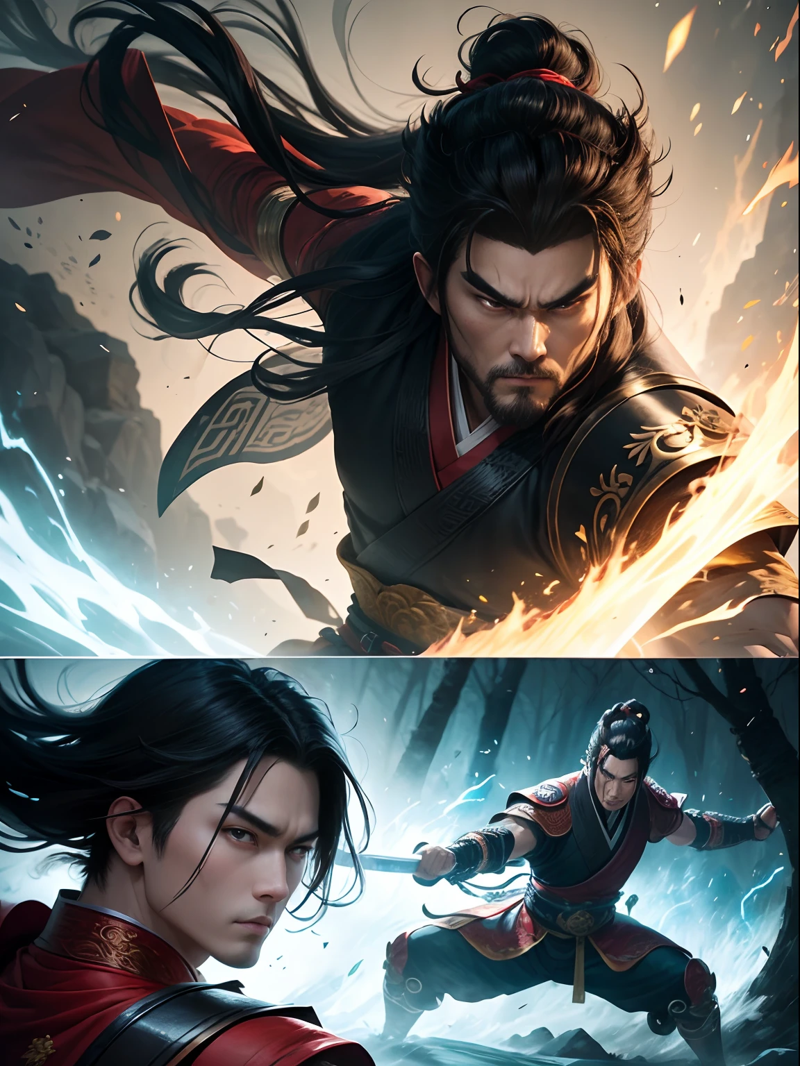 （illustration）comic page，There are multiple panels on the page：Chinese edition of comic books，《Feng Shen List》，《Monkey king》 ，author：Liu Jibiao。Dance with the sword，Flowing black hair，Hanfu，Kungfu，Magic Array，Light effect particles，It shows the clear lines of the film，Dynamic lens，Punch your fist, Vivid colors。lightand shade contrast，Depth of field 2.0，naturalshadow。【continuous shooting】::Battle of the Bamboo Forest，breathtaking moment ，Dynamic --niji 5 --q 2 ---16K