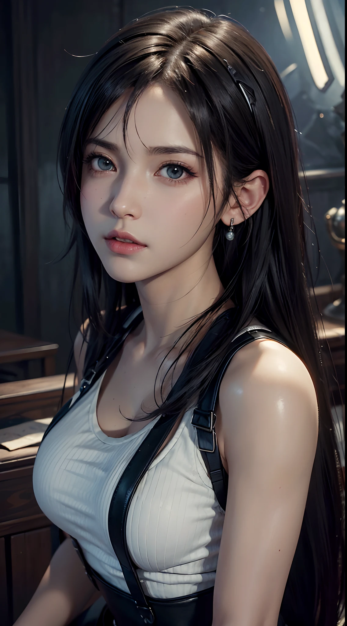 Trends on ArtStation, Trends on CGSociety, Intricate, High Detail, Sharp Focus, Dramatic, starry night sky, Tifa Lockheart of Final Fantasy, Tifa's original Final fantasy 7 costume, 25 years old, mature looking, Realistic Art of Drawing by Midjourney and Greg Rutkowski, Sketch, Masterpiece, Best Quality, Very Detailed, 1female, Half-body, head to bust image scope, buts portrait, close-up shot, white tank top with black suspenders and black leather skirt, standing position, Beautiful Meticulous Eyes, Cute Face, Bust, big bossoms, Beautiful Meticulous Face, White Hair, (Botanical Illustration: 1.5), no pornographical exposure, bigger breasts