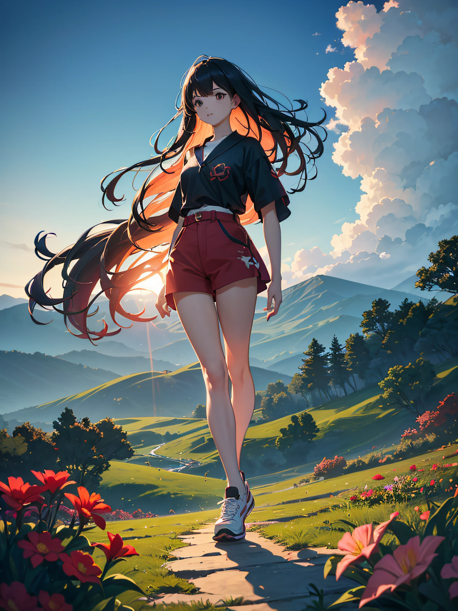 Oriental dragon flying in the sky, girl in scarlet short shirt and shorts, blouse , long hair, sneakers, cloudy sky, distant trees, field of flowers, sunset (ultra-realistic), {extremely detailed CG unity 8k wallpaper}, Expansive landscape photography, (a view from below that sees the sky above, expansive open field view), (low-angle shot), (high light: 1.5), (low light: 1.0), (warm light source: 1.0), complex details, (iridescent colors: 1.5), (bright lighting), (atmospheric lighting), dreamy, magical