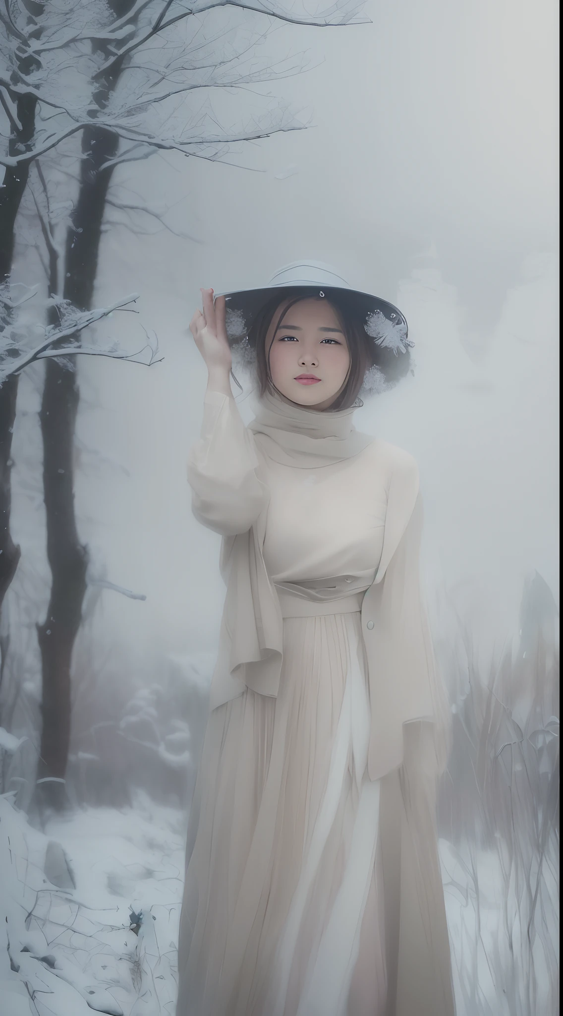 (8k, best quality, masterpiece, ultra highres:1.2) Photo of Pretty Japanese woman in the (style of paul rubens and rebecca guay:1.1) (melancholy winter snow:1.4)