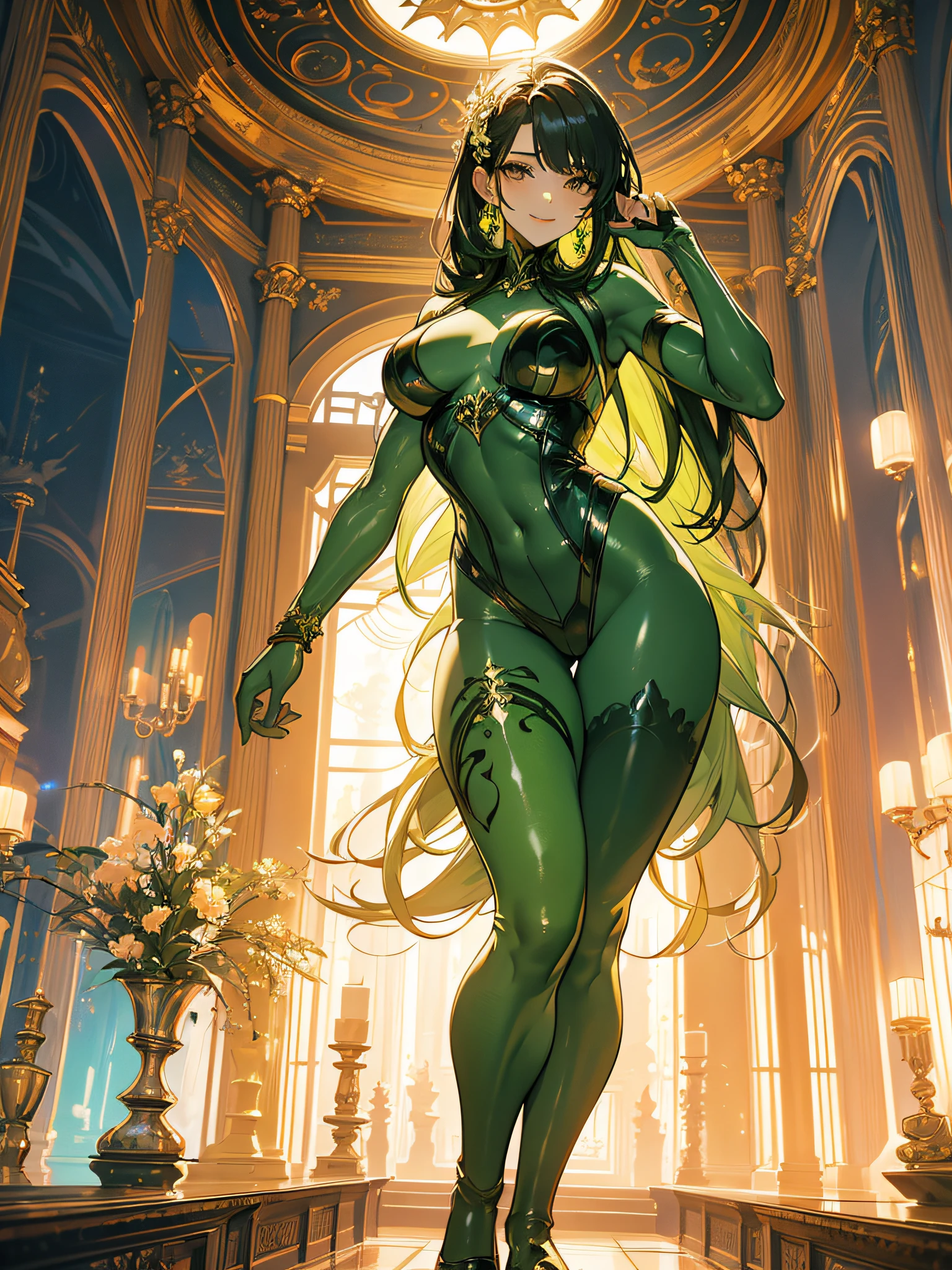 girl with plants on her body, poison ivy, medium breasts, long hair, sincere smile, imposing pose, yellow eyes, sculpted and curvy body, full body, BREAK, background with plants coming down from the ceiling, (ultra-realistic), {extremely detailed CG unit 8k wallpaper}, Expansive landscape photography, (a view from below that prioritizes the grandeur of the character, expansive open field view), (low-angle shot), (high light: 1.5), (low light: 1.0 ), (warm light source: 1.0), complex details, (Iridescent colors: 1.5), (bright lighting), (atmospheric lighting), dreamy, magical, special, (solo: 1.5)