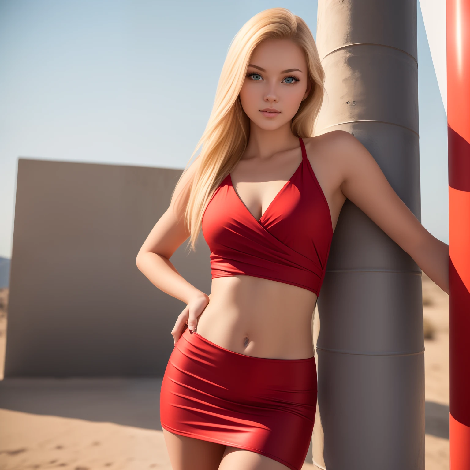 Face photo of a sexy blonde, blue eyes (20 years old) woman (top-quality:1.4),(masterpiece:1.3),(Crisp focus:1.2),(Photorealsitic:1.4), standing near rocket Laucher in sexy space suite giving sexy look,, red mini, skirt, one piece suit withe open, top.