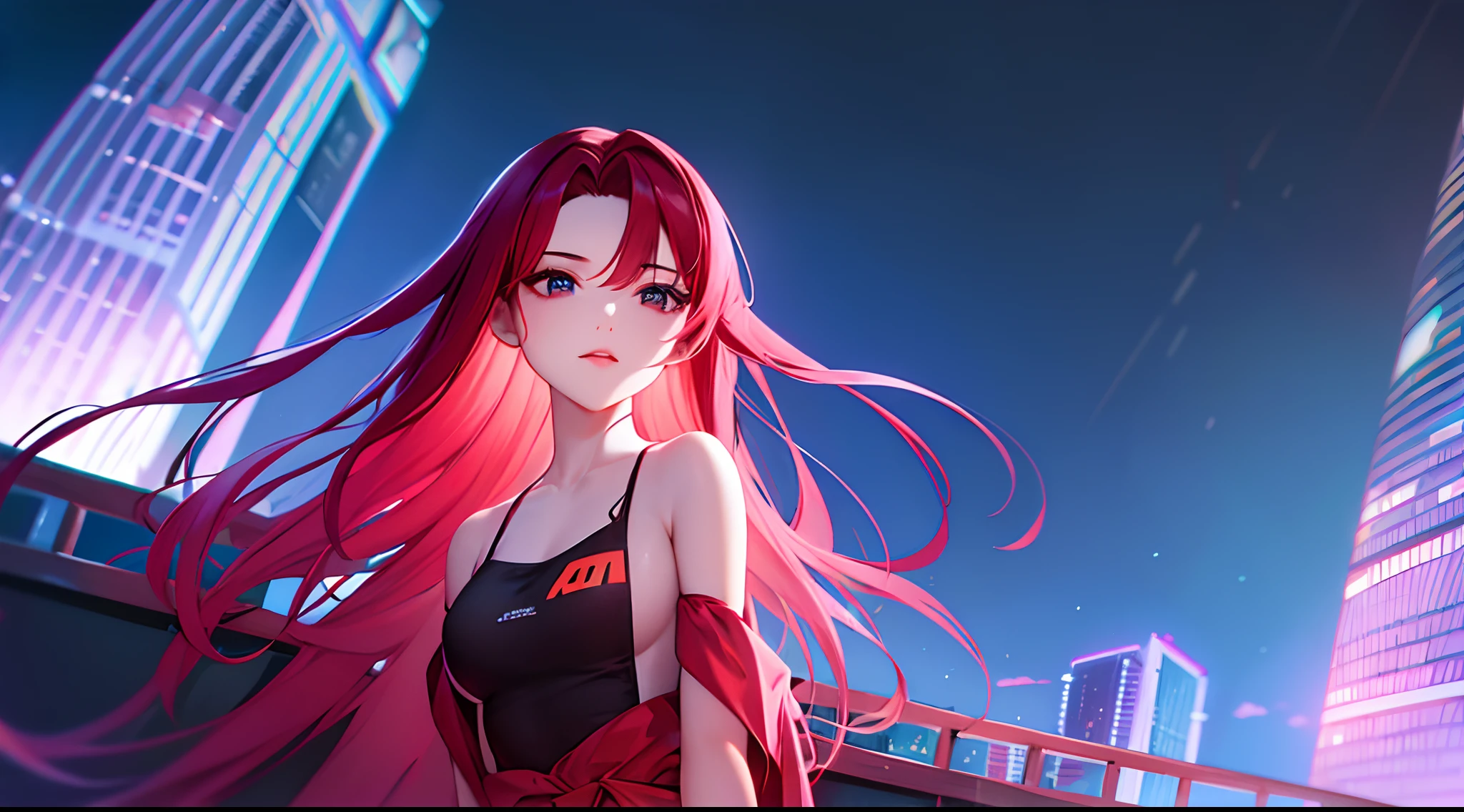 a red-haired woman in front of a building, night core, Bralette, Pokimane, inspirado em Yanjun Cheng, 16 bits, quase mostrando os peito, menina em uma loja de discos, Yanjun Chengt, 19-year-old girl, Heonhwa Choe, Inspirado em Jeonseok Lee, futurista, cores RGB.