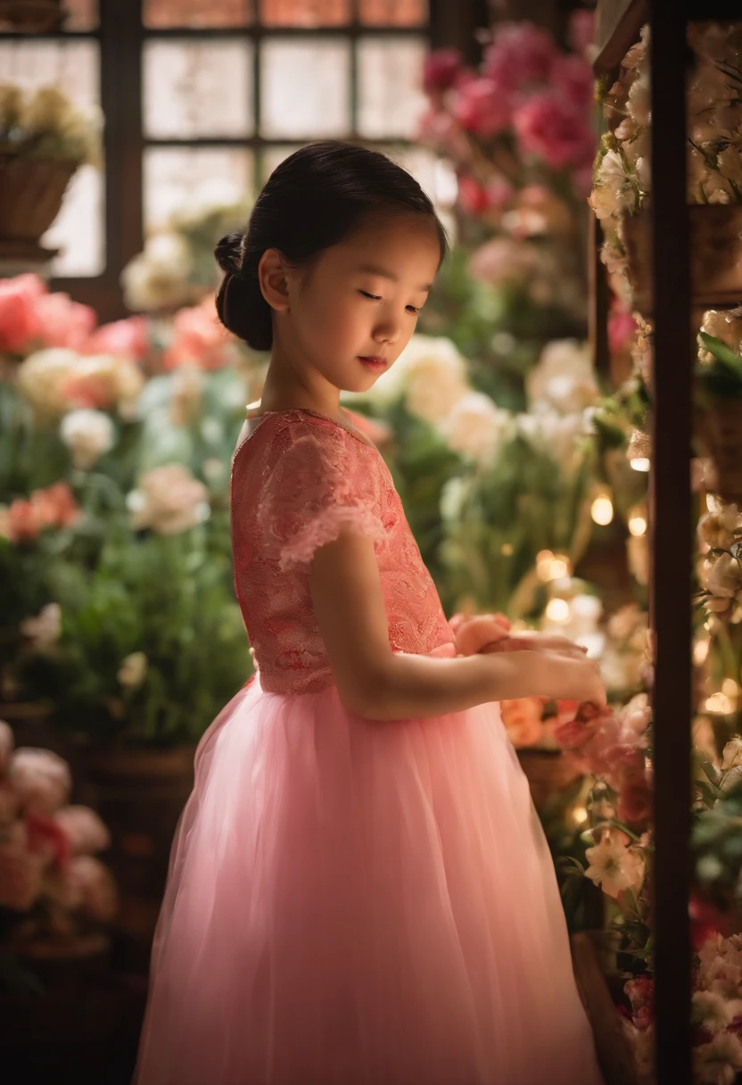 In the flower shop,A Chinese girl in a dress,The film is still there,(Photo 1:1),Floating in the sky,brightly,cheerfulness,intriguing,gentlesoftlighting