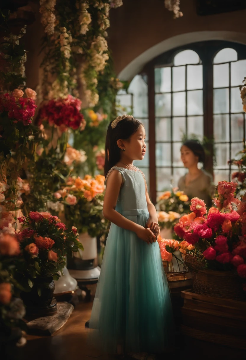 In the flower shop，A  Chinese girl in a dress，The film is still there，（Photo 1:1），Floating in the sky，brightly，cheerfulness，intriguing，gentlesoftlighting