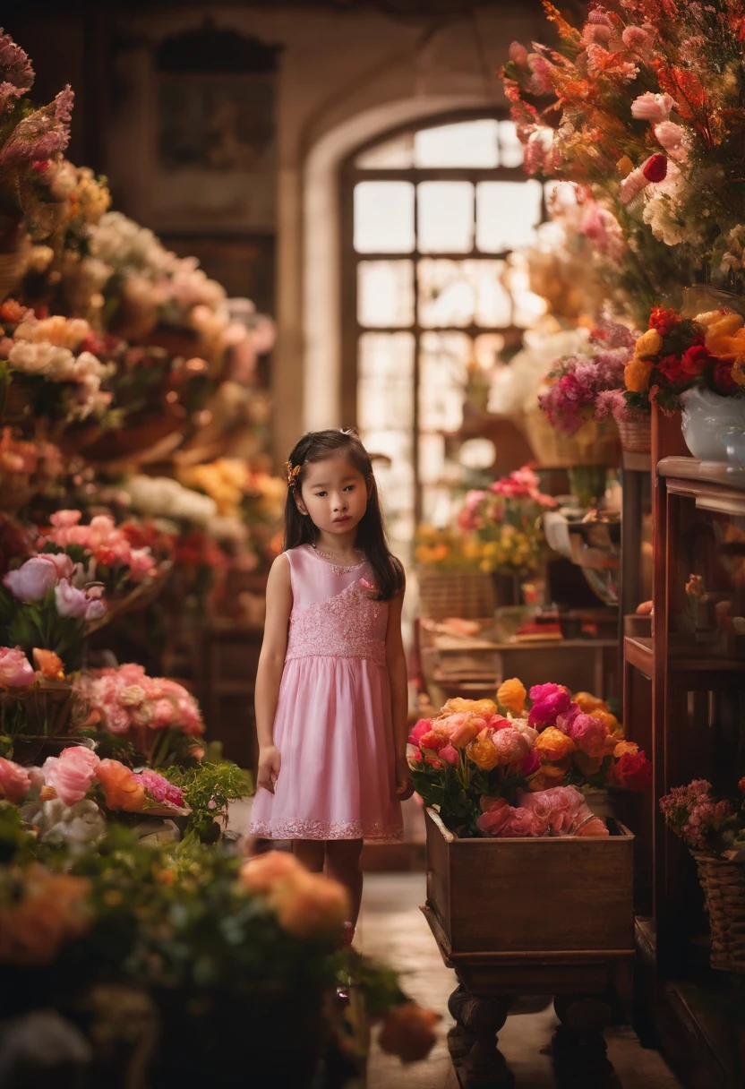 In the flower shop，A little Chinese girl in a dress，The film is still there，（Photo 1:1），Floating in the sky，brightly，cheerfulness，intriguing，gentlesoftlighting