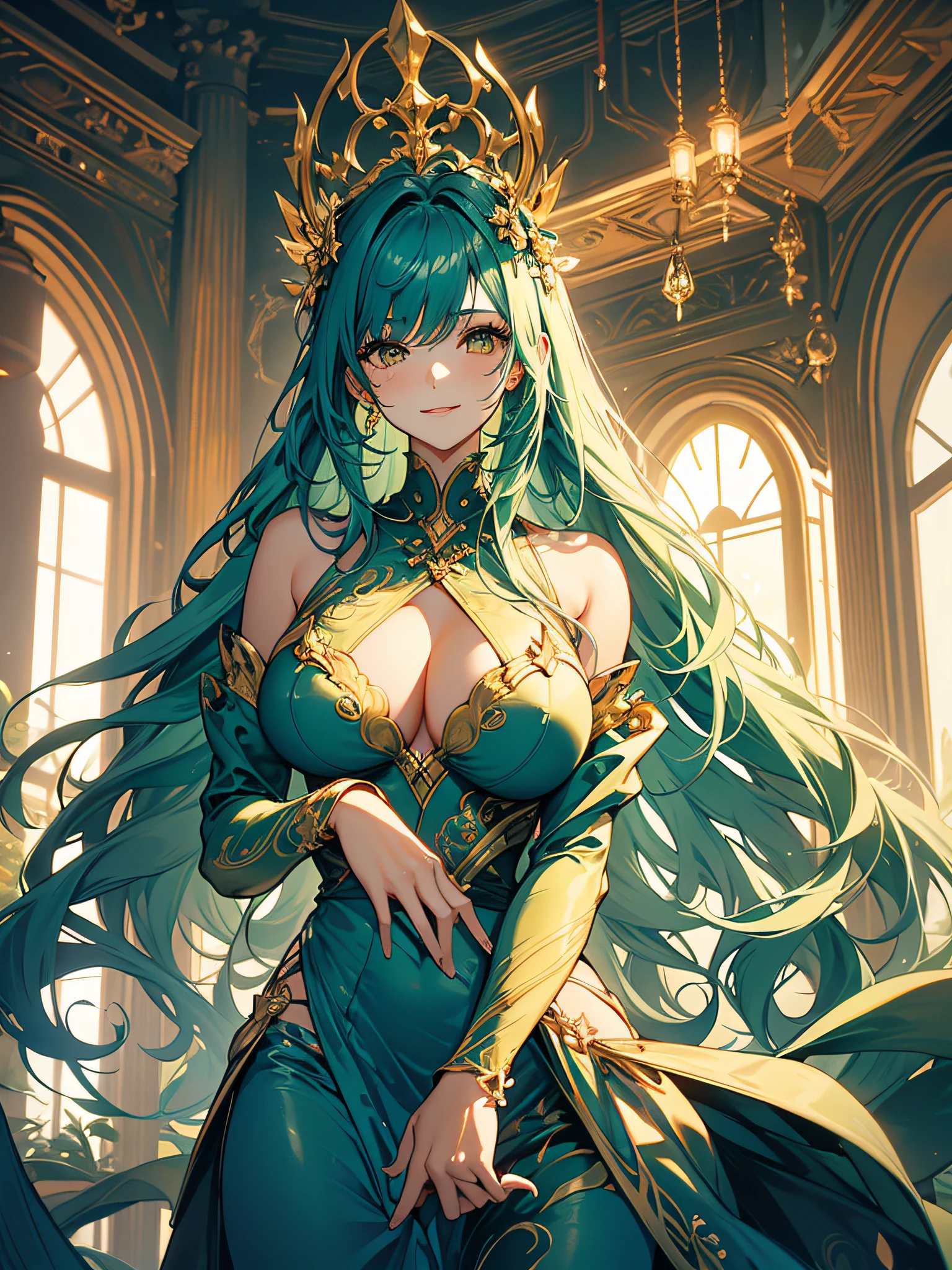 girl with plants on her body, poison ivy, medium breasts, long hair, sincere smile, imposing pose, yellow eyes, sculpted and curvy body, full body, BREAK, background with plants coming down from the ceiling, (ultra-realistic), {extremely detailed CG unit 8k wallpaper}, Expansive landscape photography, (a view from below that prioritizes the grandeur of the character, expansive open field view), (low-angle shot), (high light: 1.5), (low light: 1.0 ), (warm light source: 1.0), complex details, (Iridescent colors: 1.5), (bright lighting), (atmospheric lighting), dreamy, magical, special, (solo: 1.5)