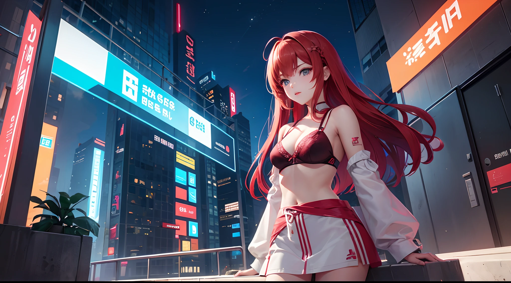 a red-haired woman in front of a building, night core, Bralette, Pokimane, inspirado em Yanjun Cheng, 16 bits, quase mostrando os peito, em uma loja de discos, Yanjun Chengt, 19-year-old girl, Heonhwa Choe, Inspirado em Jeonseok Lee, futurista, cores RGB.