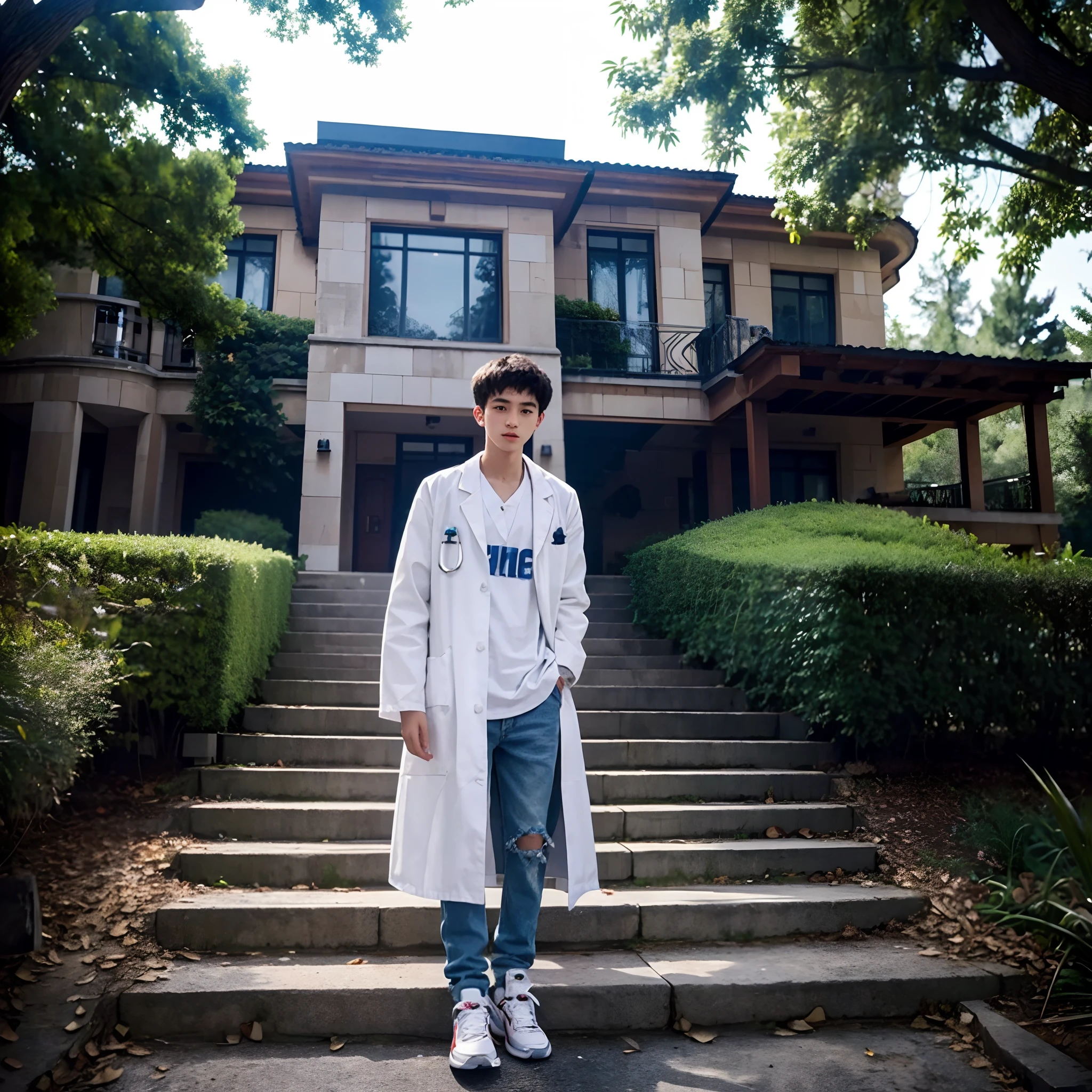 15-year-old medical boy wearing Jordan sneakers, torn pants and doctor's lab coat, and smoking in a beautiful modern mansion in the woods