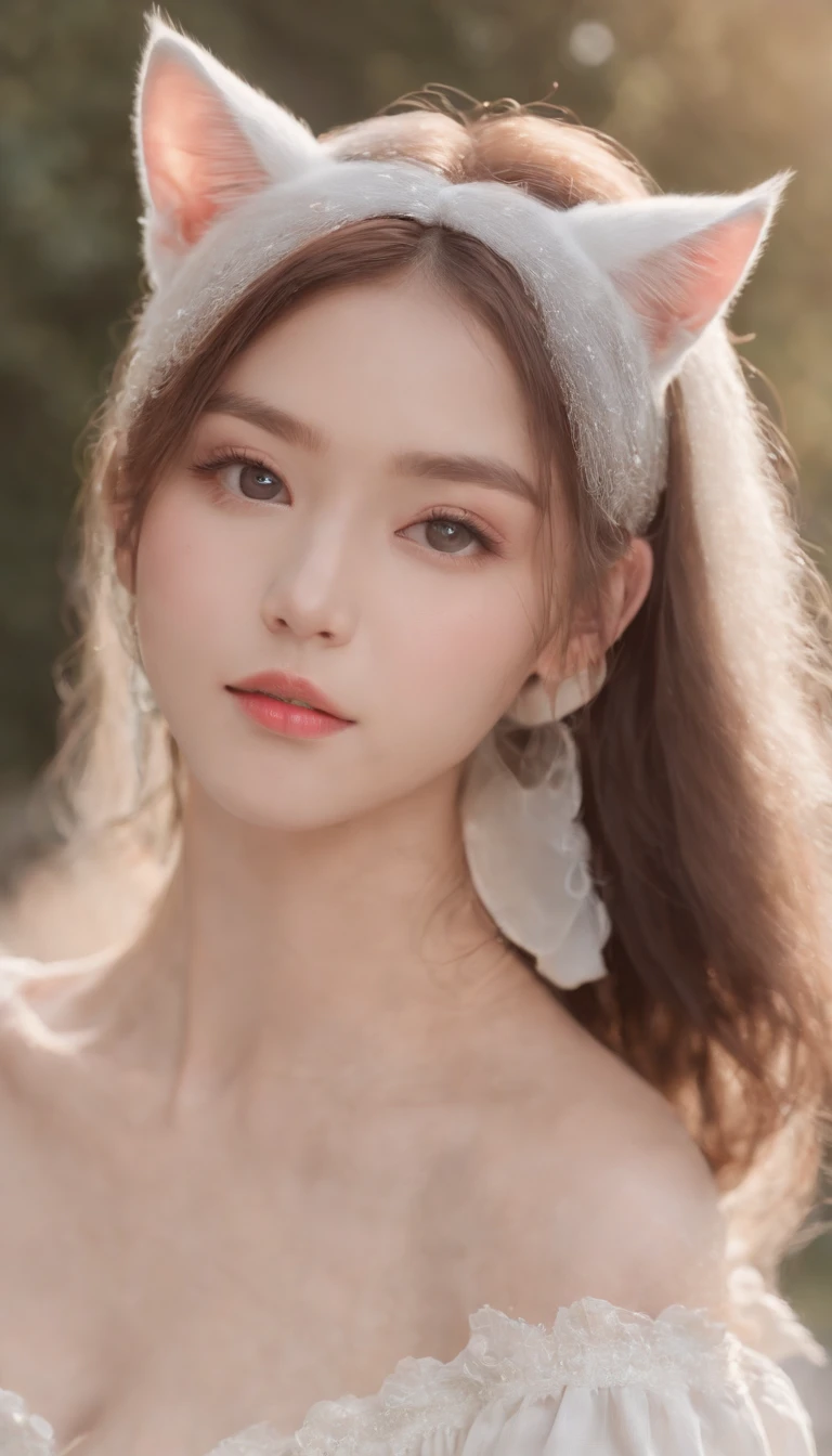 Best quality,4K,8K,A high resolution,Masterpiece:1.2,Ultra-detailed,Realistic:1.37,Cute,Girly,Portrait style,Long hair,Cat ears，Sparkling eyes,piercing eyes,Cat-like eyes,Beautiful face,rosycheeks,Soft and flawless skin,young look,pouty lips,Cat ears,Delicate anchor necklace,dressed stylishly,Shoulder-length hair,Similar to Korean fashion,Trendy,Glowing lights,Pastel colors,Subtle shadows,fairytale atmosphere,Ethereal background, dreamlike scenes，RAW photo