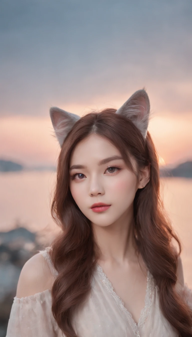 Best quality,4K,8K,A high resolution,Masterpiece:1.2,Ultra-detailed,Realistic:1.37,Cute,Girly,Portrait style,Long hair,Cat ears，Sparkling eyes,piercing eyes,Cat-like eyes,Beautiful face,rosycheeks,Soft and flawless skin,young look,pouty lips,Cat ears,Delicate anchor necklace,dressed stylishly,Shoulder-length hair,Similar to Korean fashion,Trendy,Glowing lights,Pastel colors,Subtle shadows,fairytale atmosphere,Ethereal background, dreamlike scenes，RAW photo