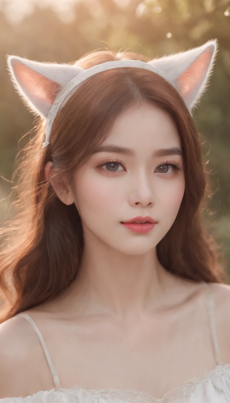Best Quality,4K,8K,hight resolution,masutepiece:1.2,Ultra-detailed,Realistic:1.37,Cute,Girly,Portrait Style,Long hair,Cat ears，Sparkling eyes,Piercing eyes,Cat-like eyes,Beautiful face,Rose cheeks,Soft and perfect skin,Young look,Pouty lips,Cat ears,Delicate anchor necklace,Stylish outfit,shoulder-length hair,Similar to Korean fashion,Trendy,glowing lights,Pastel colors,subtle shadows,Fairytale atmosphere,Ethereal background, dreamy scene，Raw photo