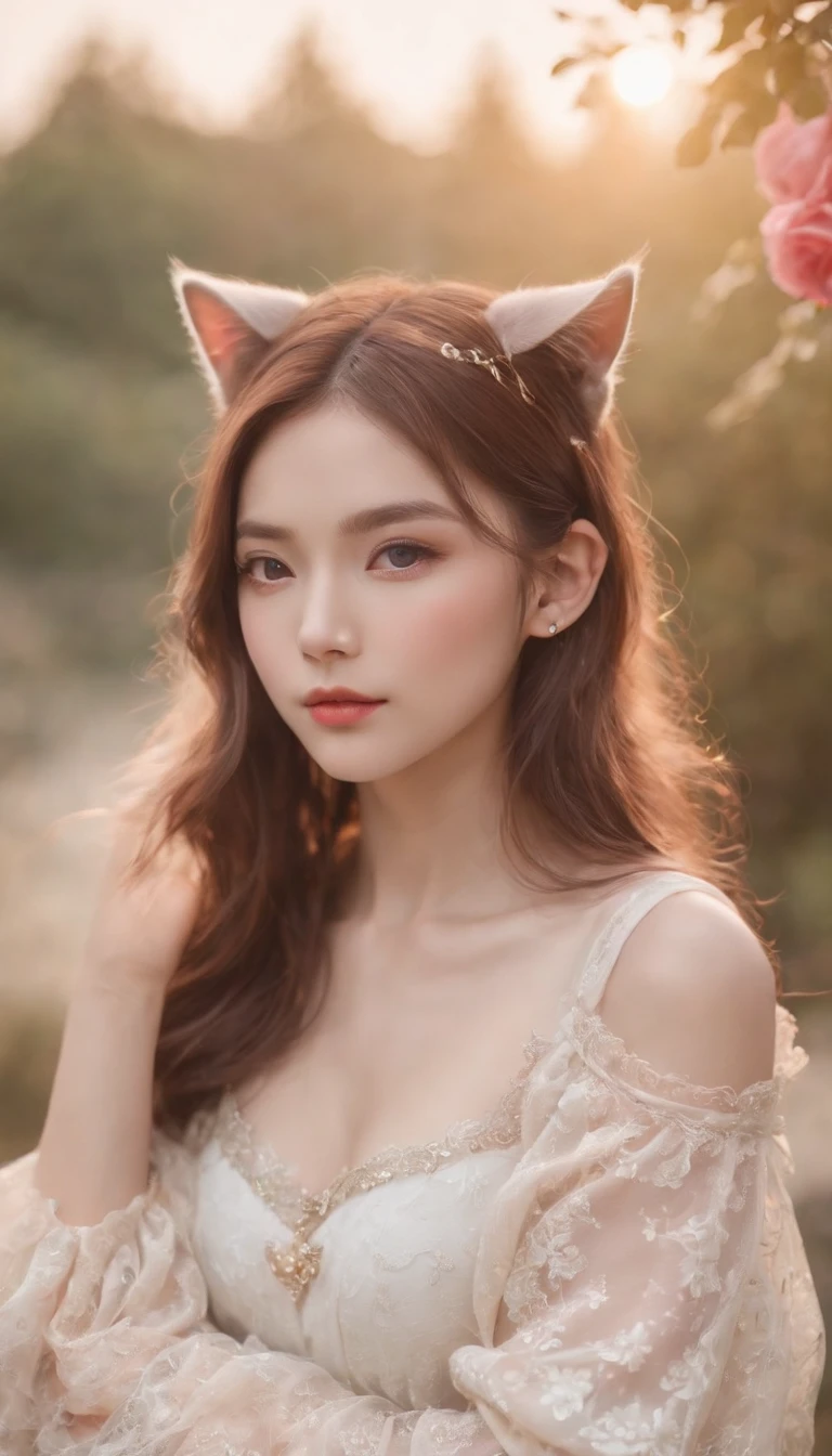 Best quality,4K,8K,A high resolution,Masterpiece:1.2,Ultra-detailed,Realistic:1.37,Cute,Girly,Portrait style,Long hair,Cat ears，Sparkling eyes,piercing eyes,Cat-like eyes,Beautiful face,rosycheeks,Soft and flawless skin,young look,pouty lips,Cat ears,Delicate anchor necklace,dressed stylishly,Shoulder-length hair,Similar to Korean fashion,Trendy,Glowing lights,Pastel colors,Subtle shadows,fairytale atmosphere,Ethereal background, dreamlike scenes，RAW photo