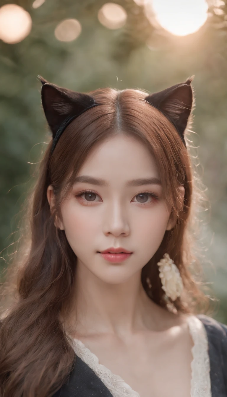 Best quality,4K,8K,A high resolution,Masterpiece:1.2,Ultra-detailed,Realistic:1.37,Cute,Girly,Portrait style,Long hair,Cat ears，Sparkling eyes,piercing eyes,Cat-like eyes,Beautiful face,rosycheeks,Soft and flawless skin,young look,pouty lips,Cat ears,Delicate anchor necklace,dressed stylishly,Shoulder-length hair,Similar to Korean fashion,Trendy,Glowing lights,Pastel colors,Subtle shadows,fairytale atmosphere,Ethereal background, dreamlike scenes，RAW photo