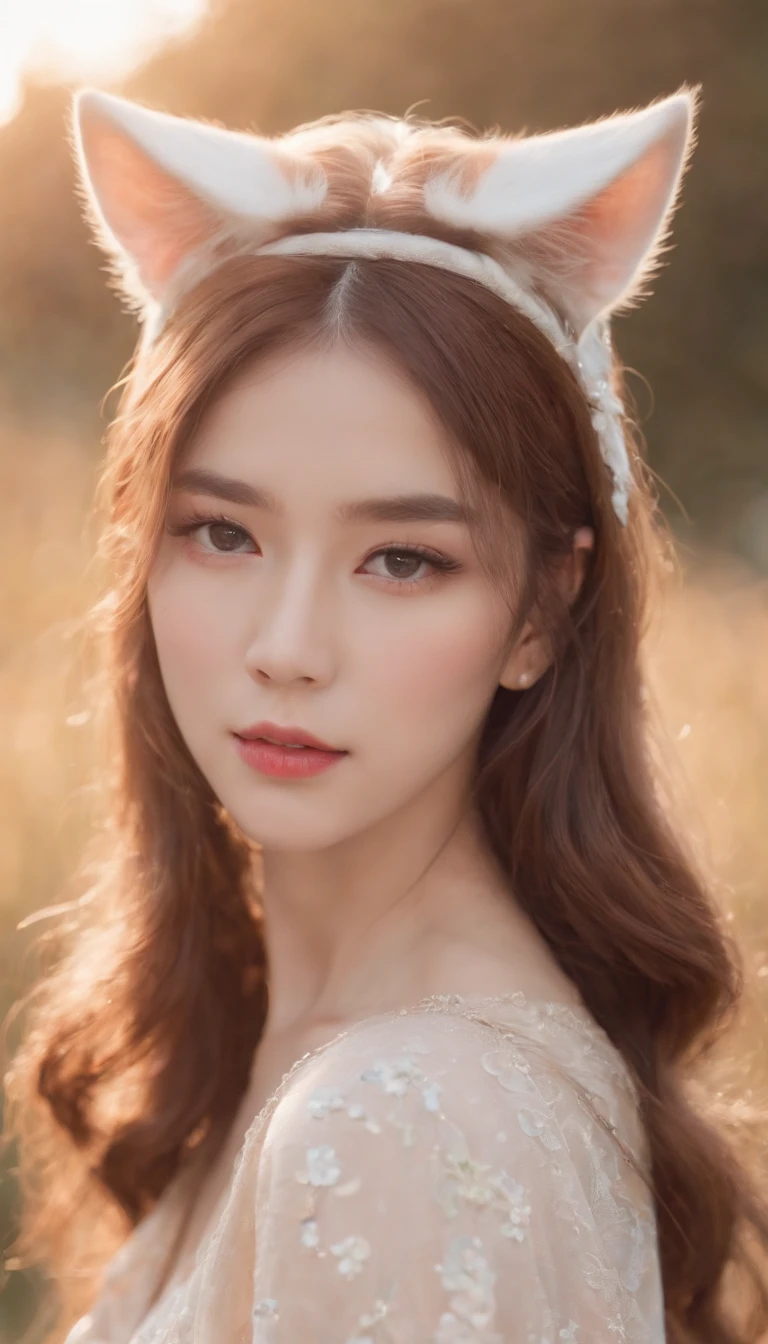 Best quality,4K,8K,A high resolution,Masterpiece:1.2,Ultra-detailed,Realistic:1.37,Cute,Girly,Portrait style,Long hair,Cat ears，Sparkling eyes,piercing eyes,Cat-like eyes,Beautiful face,rosycheeks,Soft and flawless skin,young look,pouty lips,Cat ears,Delicate anchor necklace,dressed stylishly,Shoulder-length hair,Similar to Korean fashion,Trendy,Glowing lights,Pastel colors,Subtle shadows,fairytale atmosphere,Ethereal background, dreamlike scenes，RAW photo