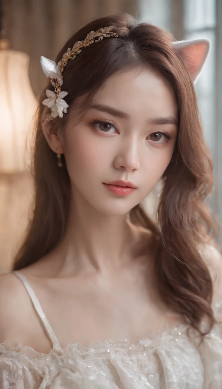 Best quality,4K,8K,A high resolution,Masterpiece:1.2,Ultra-detailed,Realistic:1.37,Cute,Girly,Portrait style,Long hair,Cat ears,Sparkling eyes,piercing eyes,Cat-like eyes,Beautiful face,rosycheeks,Soft and flawless skin,young look,pouty lips,Cat ears,Delicate anchor necklace,dressed stylishly,Shoulder-length hair,Similar to Korean fashion,Trendy,Glowing lights,Pastel colors,Subtle shadows,fairytale atmosphere,Ethereal background, dreamlike scenes,RAW photo