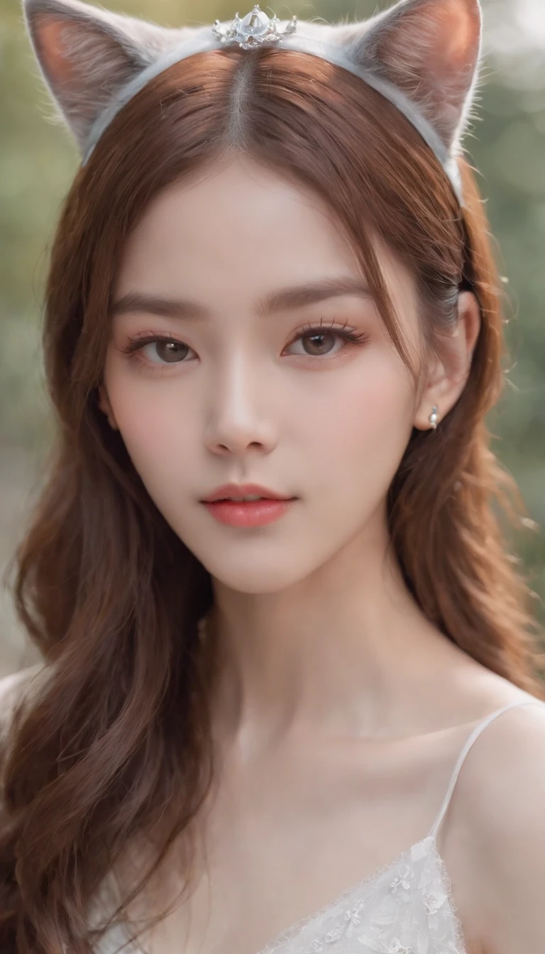 Best quality,4K,8K,A high resolution,Masterpiece:1.2,Ultra-detailed,Realistic:1.37,Cute,Girly,Portrait style,Long hair,Cat ears,Sparkling eyes,piercing eyes,Cat-like eyes,Beautiful face,rosycheeks,Soft and flawless skin,young look,pouty lips,Cat ears,Delicate anchor necklace,dressed stylishly,Shoulder-length hair,Similar to Korean fashion,Trendy,Glowing lights,Pastel colors,Subtle shadows,fairytale atmosphere,Ethereal background, dreamlike scenes,RAW photo