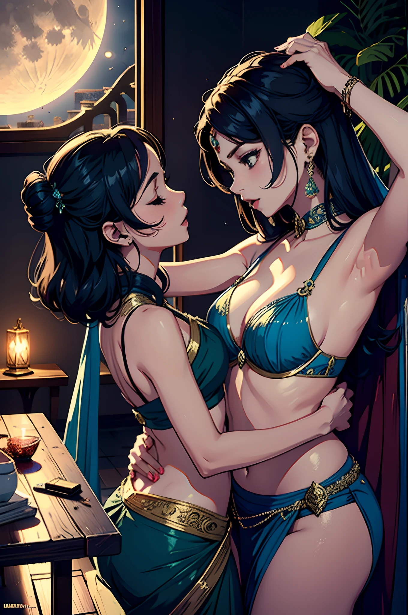Two sexy woman aggressively making out, wearing saree,fantastical world,fantasy,moonlight,