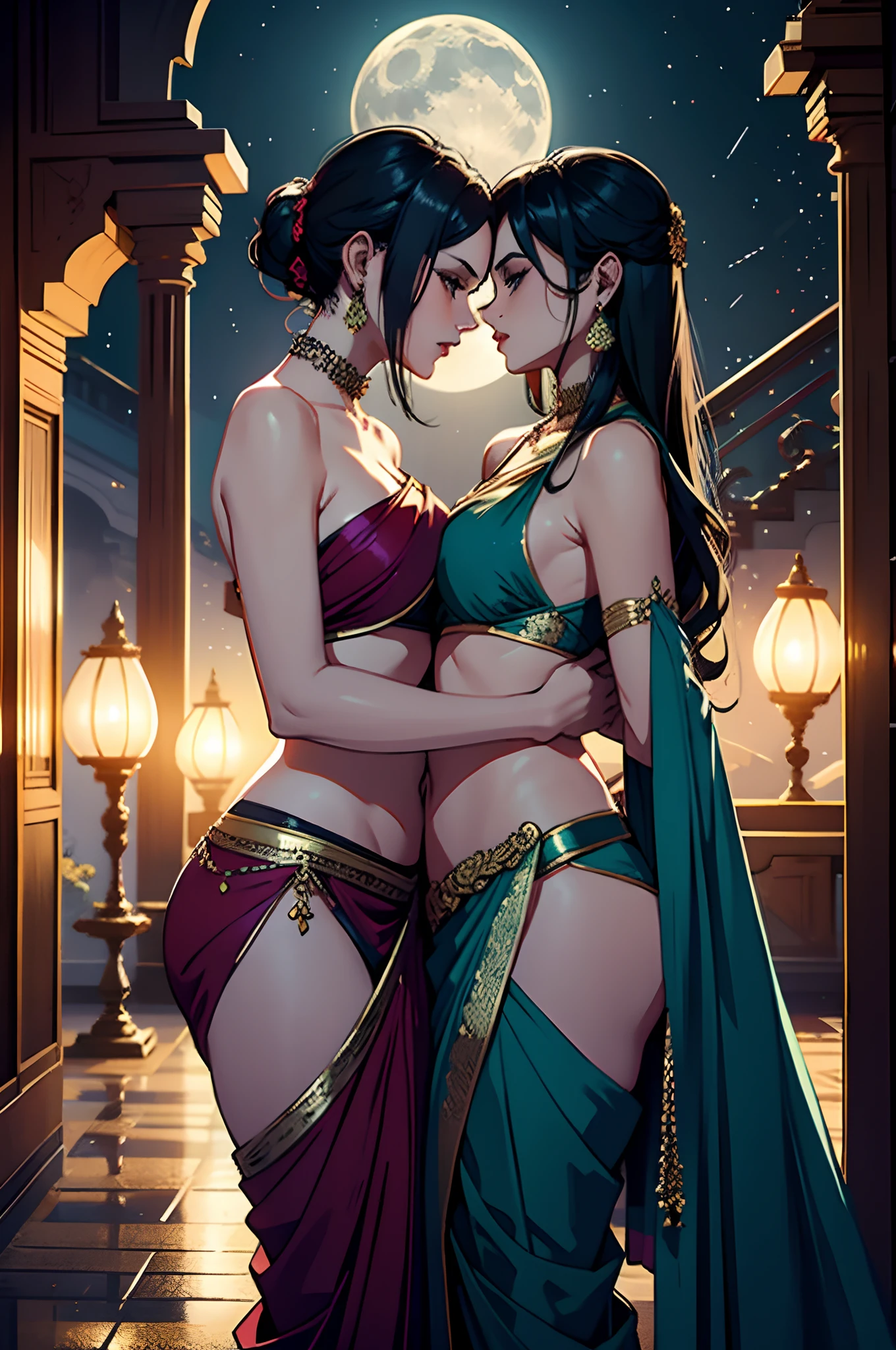 Two sexy woman aggressively making out, wearing saree,fantastical world,fantasy,moonlight,