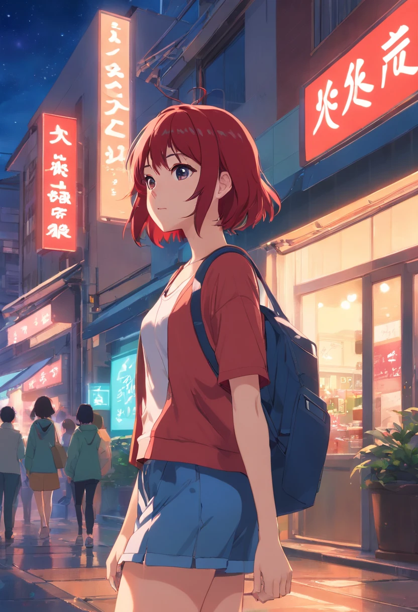 a red-haired woman in front of a building, night core, Bralette, Pokimane, inspirado em Yanjun Cheng, 16 bits, quase mostrando os peito, em uma loja de discos, Yanjun Chengt, 19-year-old girl, Heonhwa Choe, Inspirado em Jeonseok Lee, futurista, cores RGB.