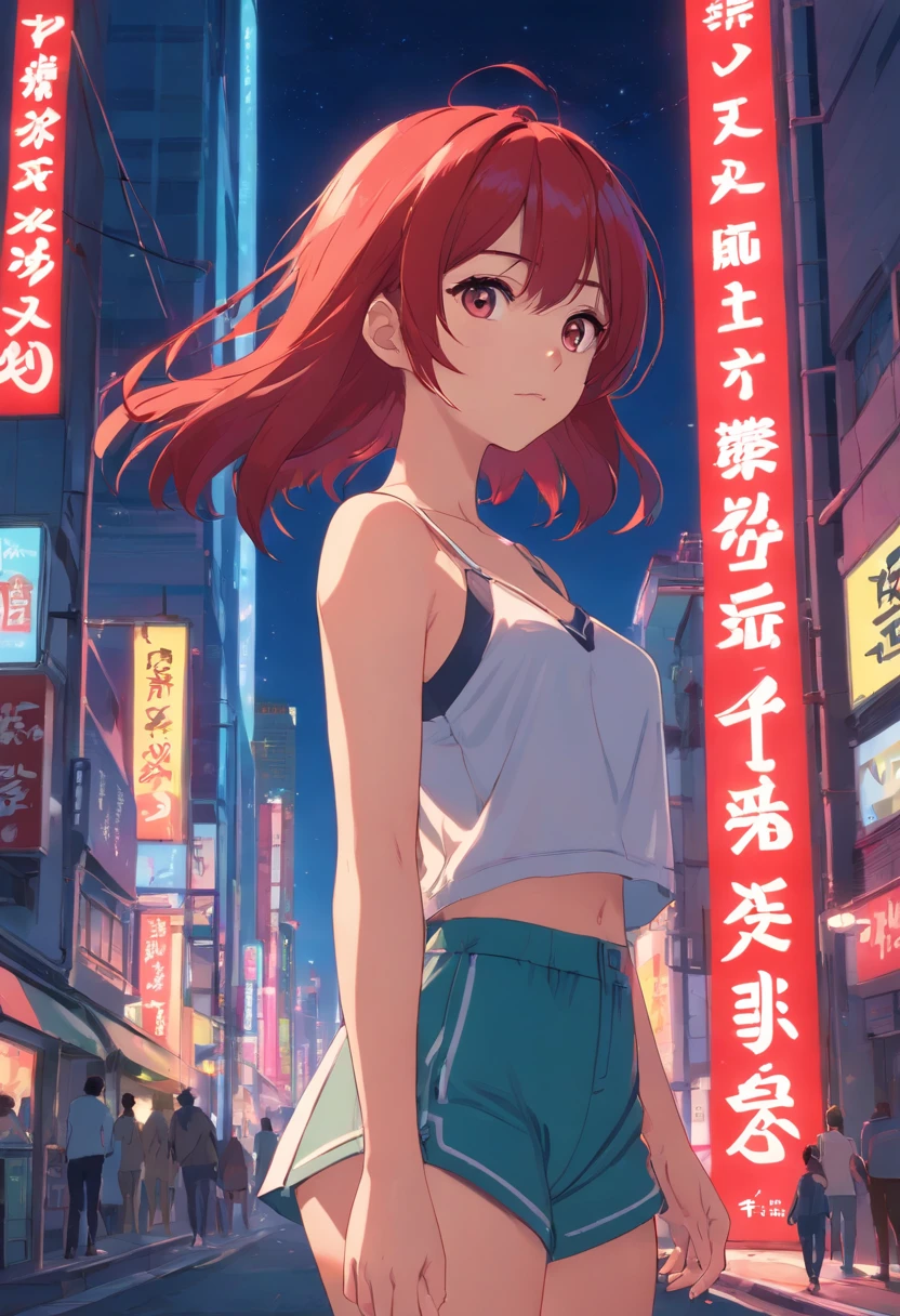 a red-haired woman in front of a building, night core, Bralette, Pokimane, inspirado em Yanjun Cheng, 16 bits, quase mostrando os peito, em uma loja de discos, Yanjun Chengt, 19-year-old girl, Heonhwa Choe, Inspirado em Jeonseok Lee, futurista, cores RGB.