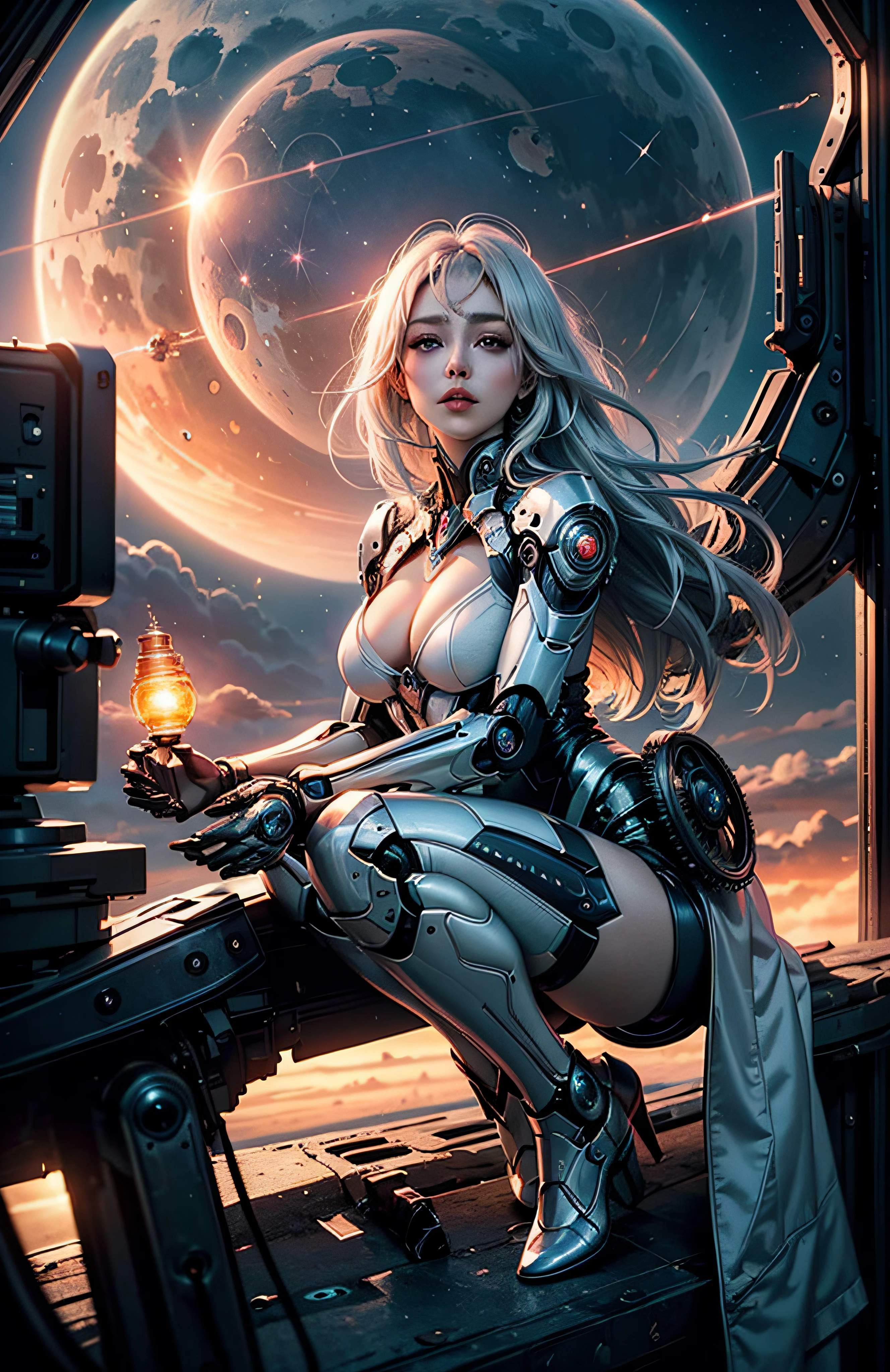 realistic visual effects,attractive beautiful,dramatic contrast,Gentle lighting,Delicate warmth,the soft light,hyper HD,Extremely colorful,best qualityer,perfect female shape,HighDynamicRange,long eyelasher,Unbeatable masterpiece,paleskin,putting makeup on,Sexy goddess,Large mechanical gears,Strange sky,The setting sun burns the clouds,8K high quality,Sexy goddess,A pair of big eyes are beautiful and moving,White skin,Makeup,Sexy outfit,【Background with】Large gears,Large gears,Doomsday ruins,Giant tornado,Strange sky,The setting sun burns the clouds,Multiple planets,The end of the world,Multiple planets,Mards,Jupiter,Mercury,Strange sky,Giant tornado。