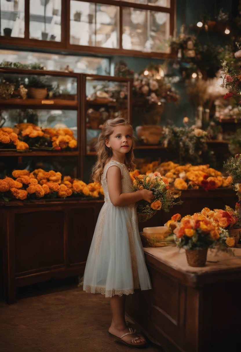 In the flower shop，A  girl in a dress，The film is still there，（Close-up 1:1），Floating in the sky，brightly，cheerfulness，intriguing，gentlesoftlighting