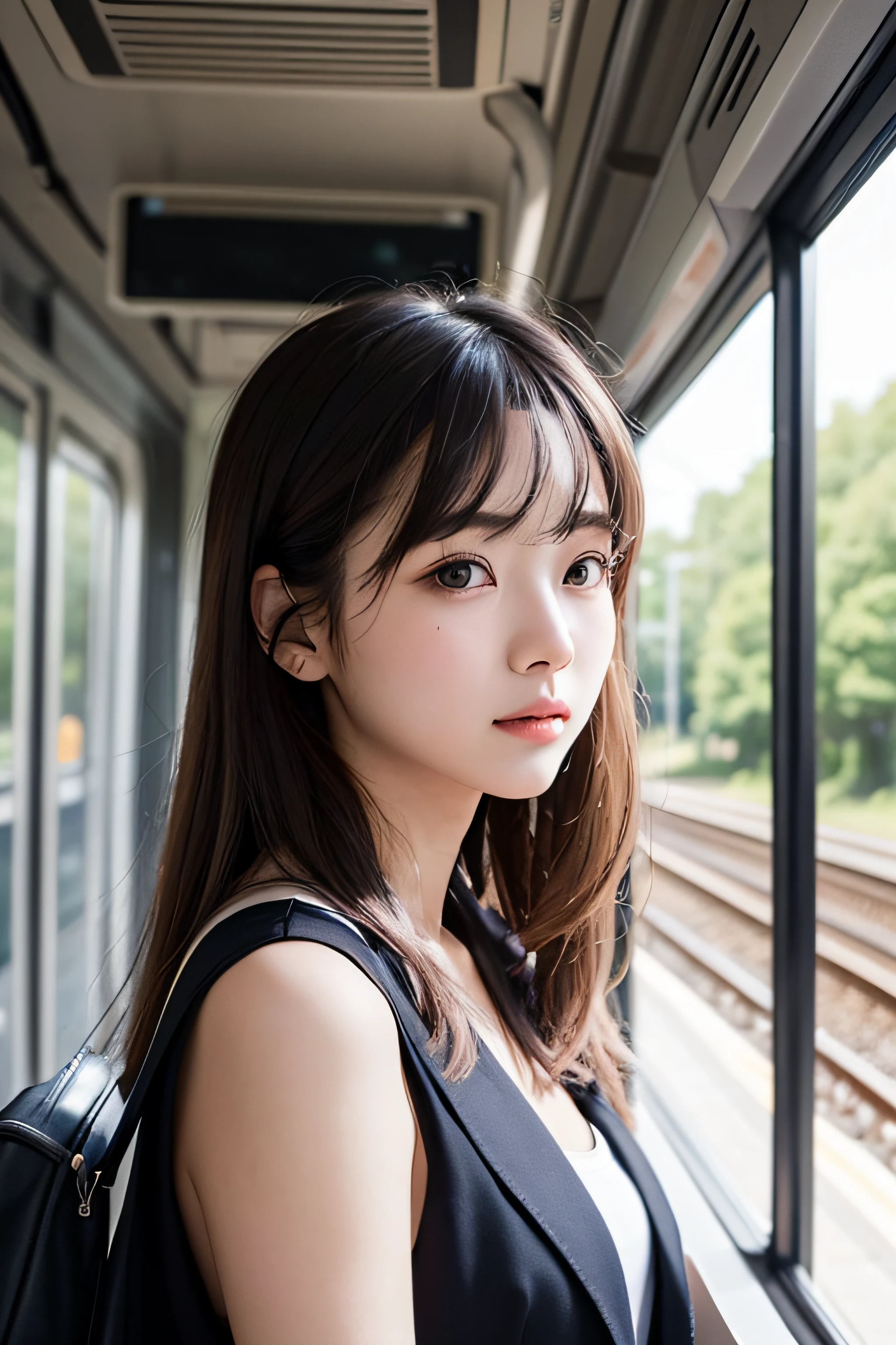 1womanl、Early 20s、(beauitful face:1.5)、There is a sad and open skin cover、That person in the graduation photo has kind eyes、I was swept away by the crowd、It's changing、The path under the swaying willow、Now it can only be seen from the train、You are my youth