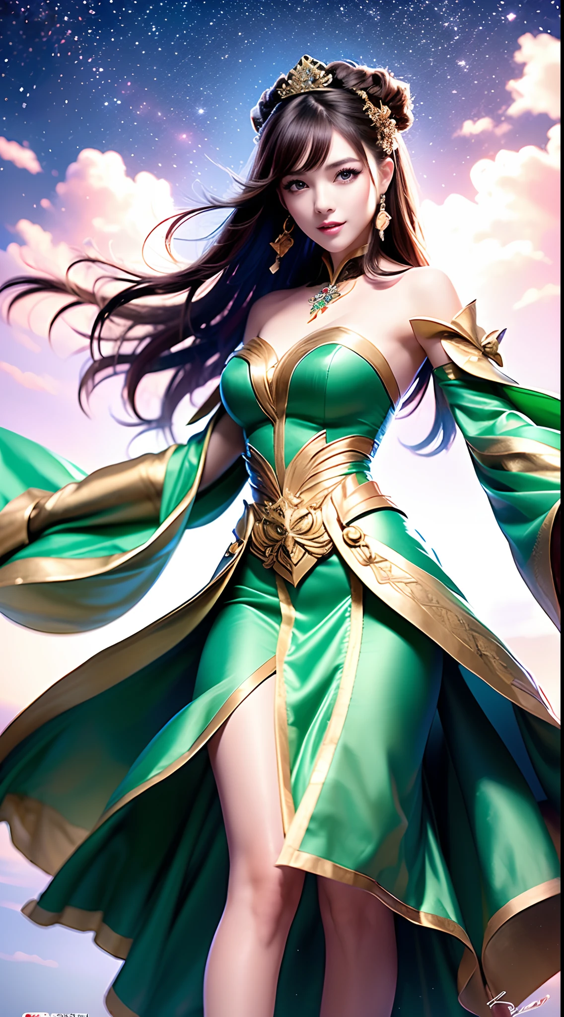 Masterpiece, best quality, realistic, 1 girl, shawl long hair, jump, leap, green gold white clothes, long skirt, long scarf, flowing, light armor, snow white skin, bare shoulders, full body, (from below:1.5), martial arts, dynamic, flame, particles