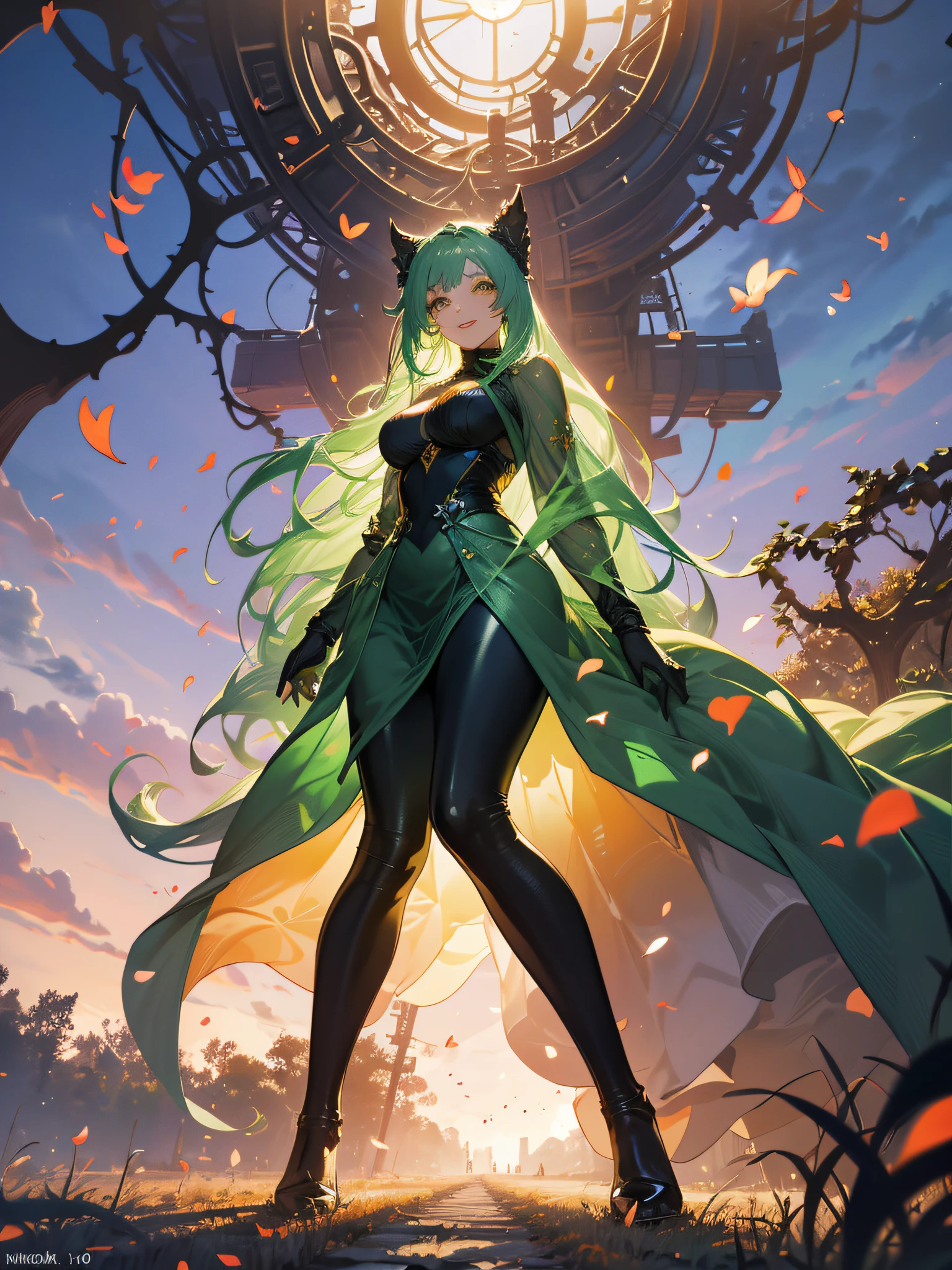 girl covered in plants leaves and petals, plants and vines all over her body, Poison Ivy, medium breasts, long hair, sincere smile, imposing pose, yellow eyes, sculptural and curvy body, full body, BREAK, forest background, falling vines, nature , field of vineyards, (ultra-realistic), {extremely detailed 8k CG unity wallpaper}, Expansive landscape photography, (a view from below that prioritizes the grandeur of the character, expansive view of open field), (photo in low angle), (high light: 1.5), (low light: 1.0), (warm light source: 1.0), complex details, (iridescent colors: 1.5), (bright lighting), (atmospheric lighting), dreamy, magical, special