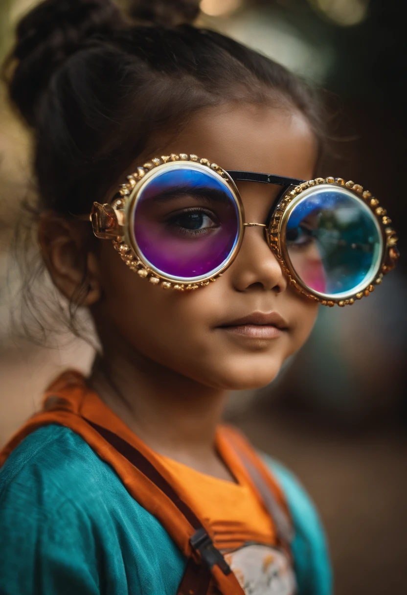 /menina branca usando oculos cabelo enrolado 6 anos indo para escola futurista