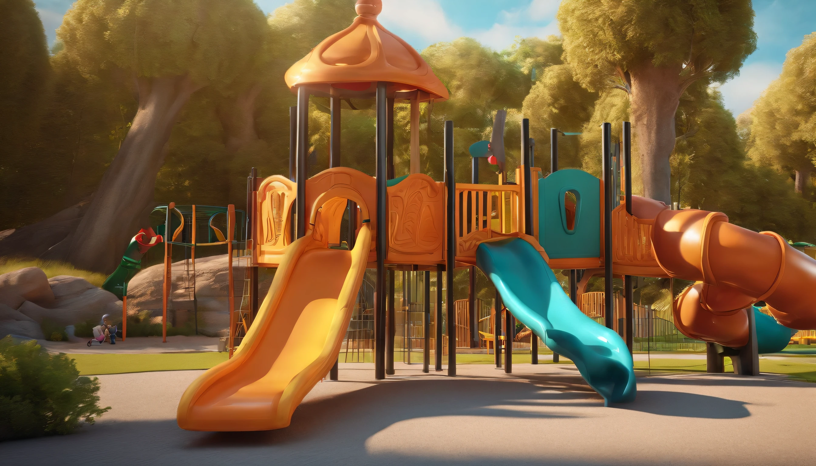 Children's playground,In the daytime,cold shades,Wide scene,From the outside, hyper HD, High details