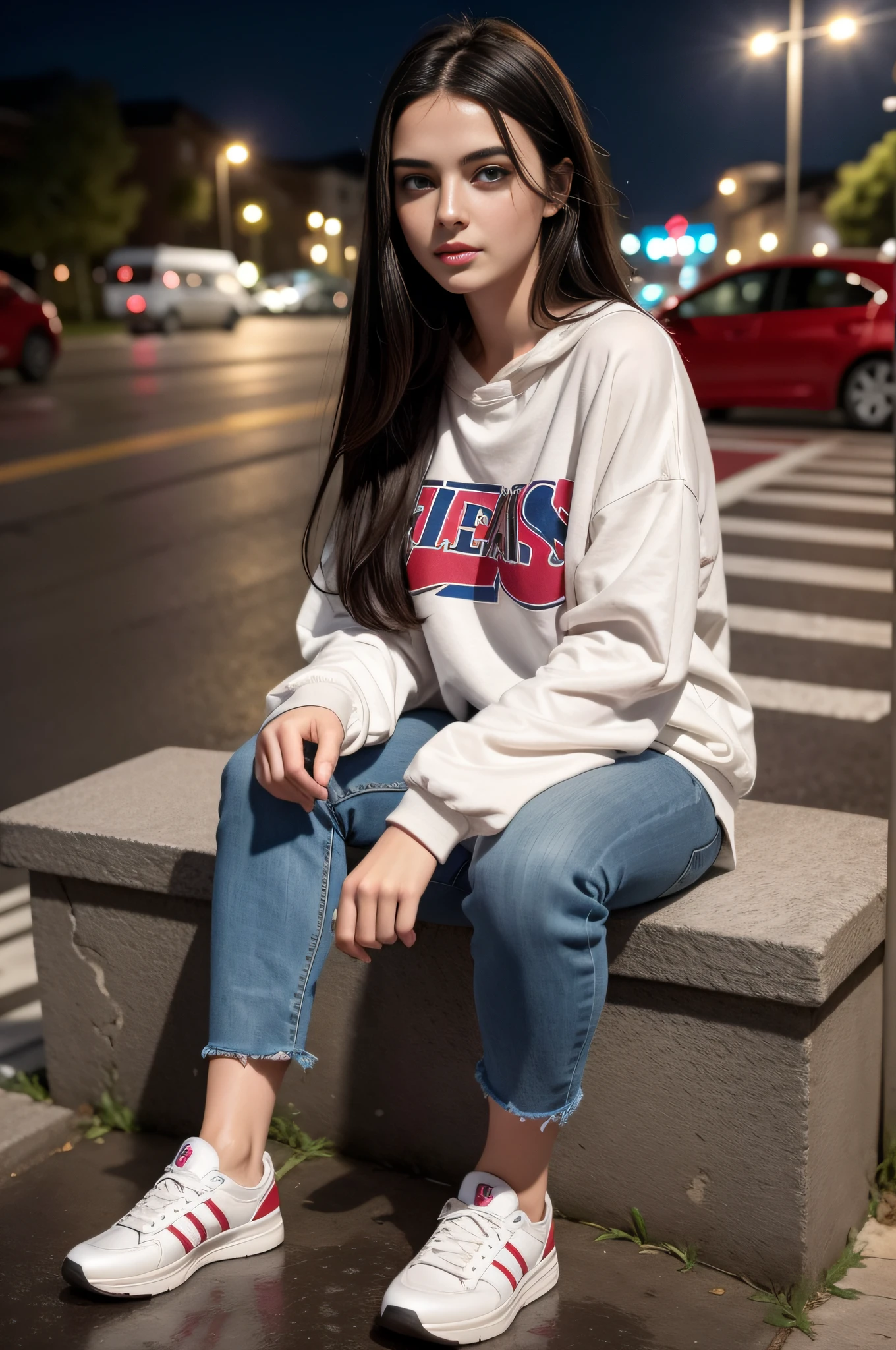 18 years old, 1 woman, black hair, blue pupils, delicate face, Long Brunette Hair, red lips (beautiful face) (Super Beautiful Face) (insanely detailed face) Ultra-detailed Face, Highly Detailed Lips, Detailed eyes (slender body), fine skin Ultra HD, masterpiece, (best quality), masterpiece: Beautiful Etophian girl in a sitting on curb with phone in hand and smiling, cute casual streetwear, sitting on the ground, raining at night: full body, wide angle shot hiding face from the camera. image distance: 2foots away from the camera