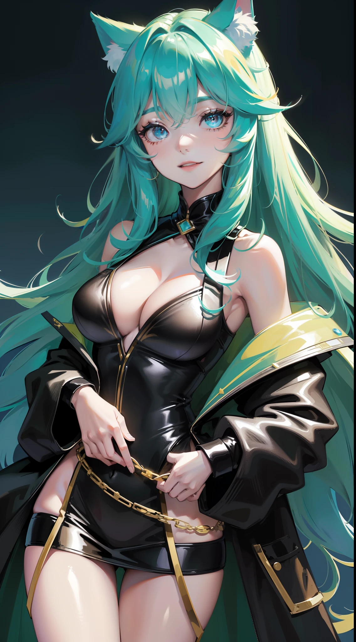young girl, long turquoise hair, cat ears, turquoise eyes, Smile, black jacket, Green tight dress, diadem, Gold Elements, She-ra, Masterpiece, hiquality, 4k, HD, Good detail