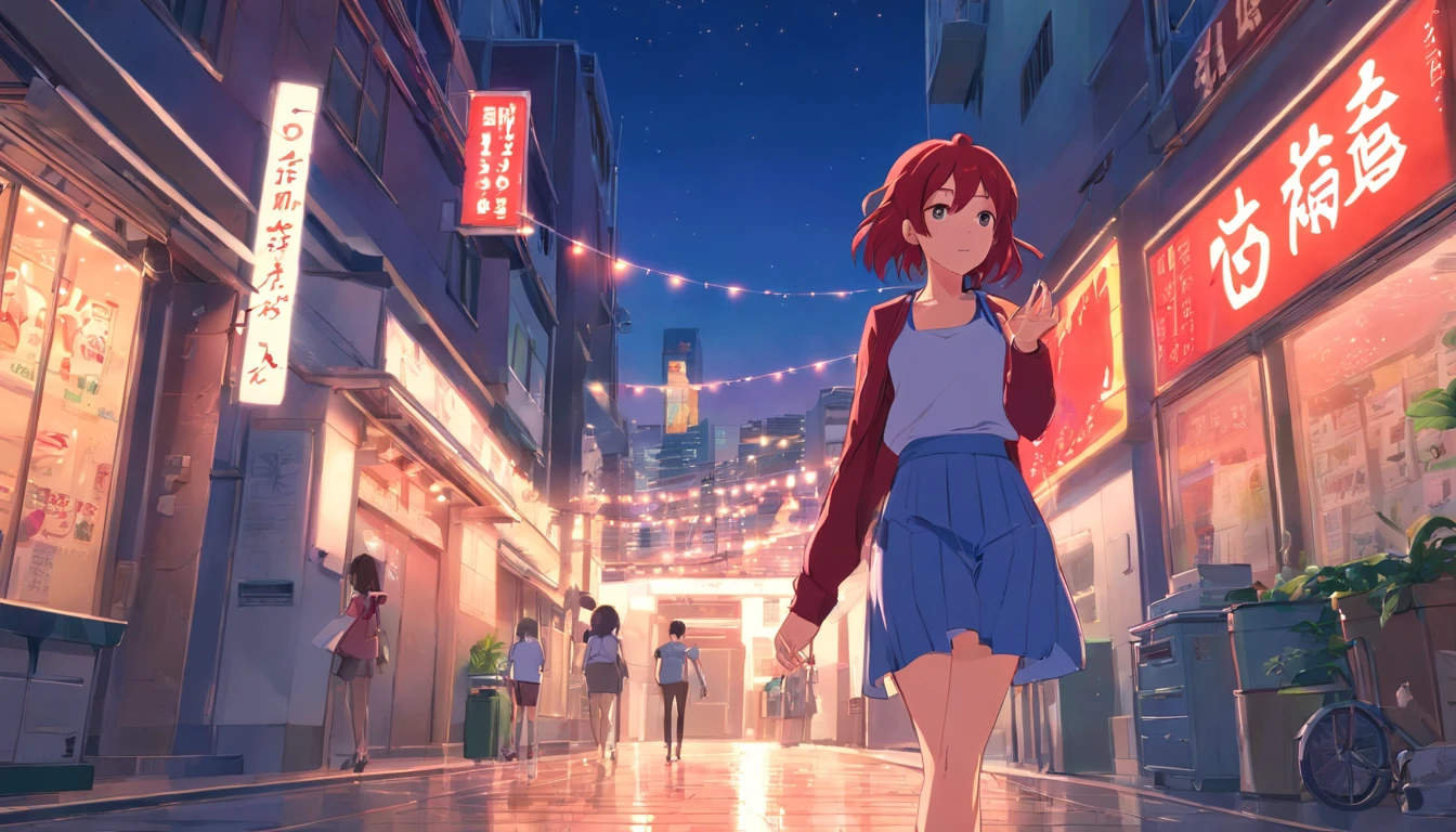 a red-haired woman in front of a building, night core, Bralette, Pokimane, inspirado em Yanjun Cheng, 16 bits, quase mostrando os peito, menina em uma loja de discos, Yanjun Chengt, 19-year-old girl, Heonhwa Choe, Inspirado em Jeonseok Lee, futurista, cores RGB.